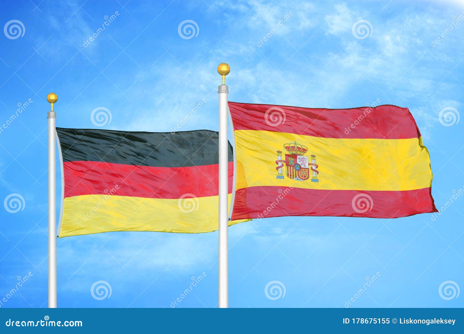 Germany Vs. Spain Flags On Rugby Field Royalty-Free Stock Photography