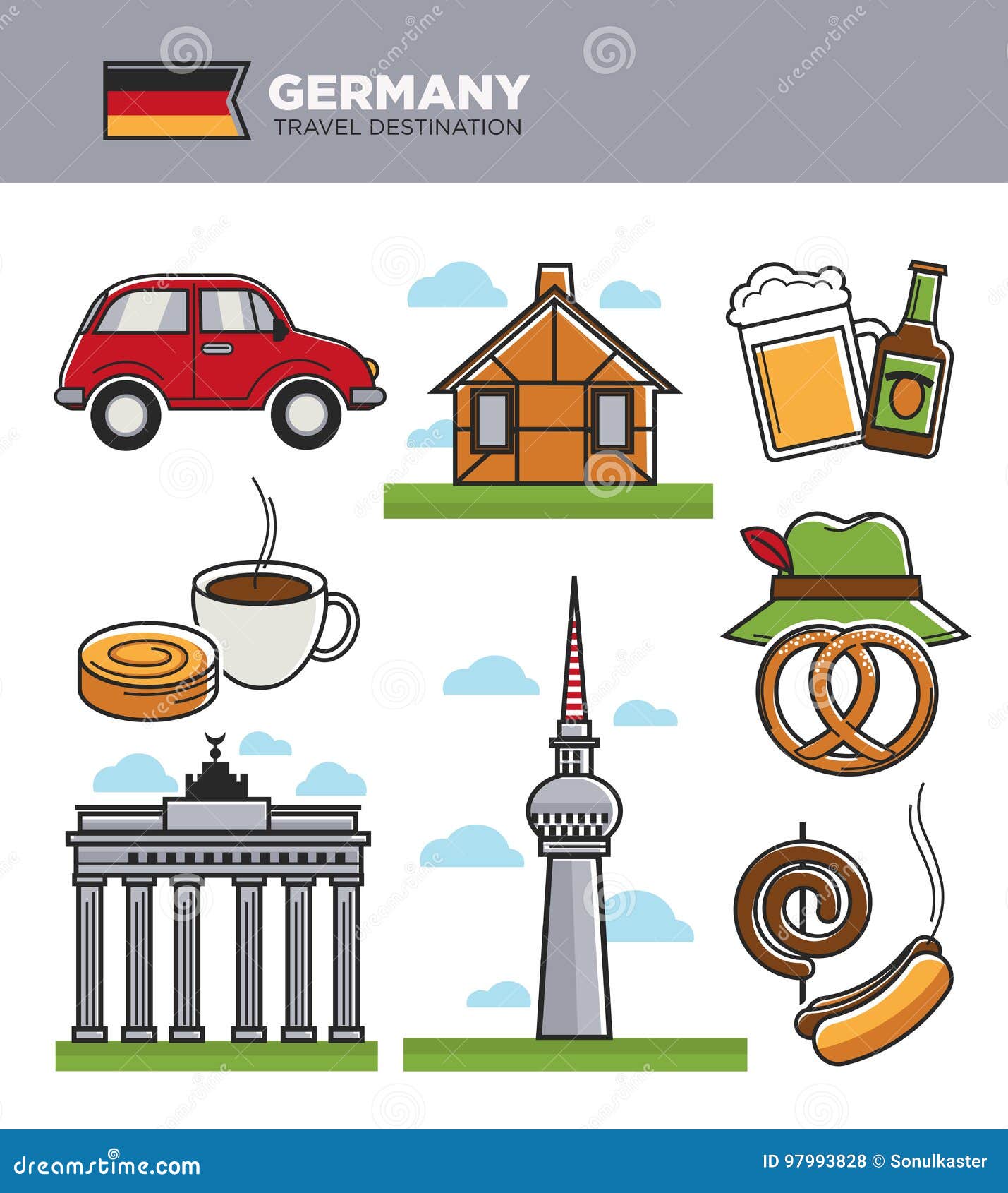 Germany Travel Tourism Landmark Symbols and Tourist Culture Famous  Attractions Vecto Icons Stock Vector - Illustration of coffee, pretzel:  97993828