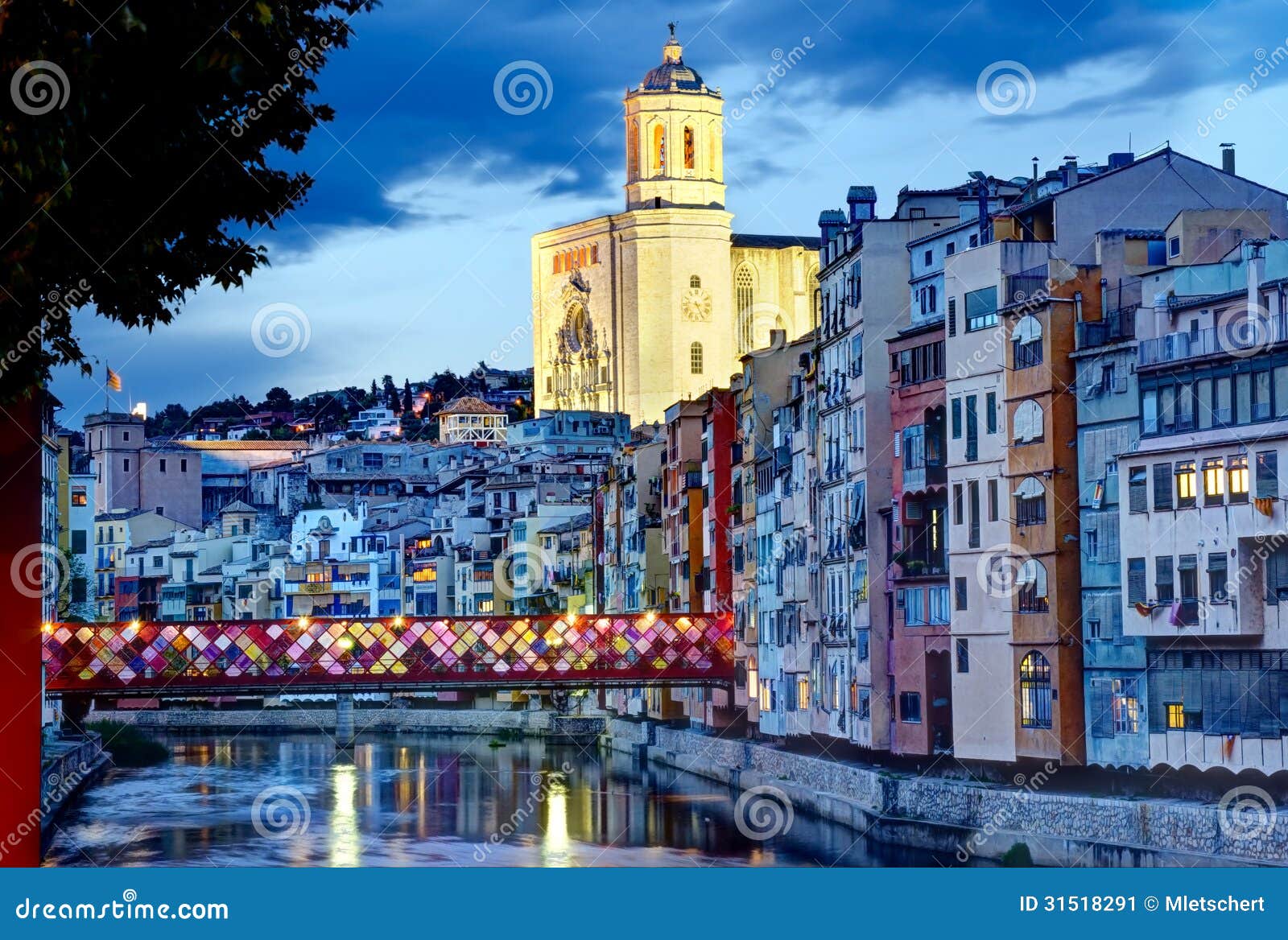 gerona, spain, cathedral and old-town by night