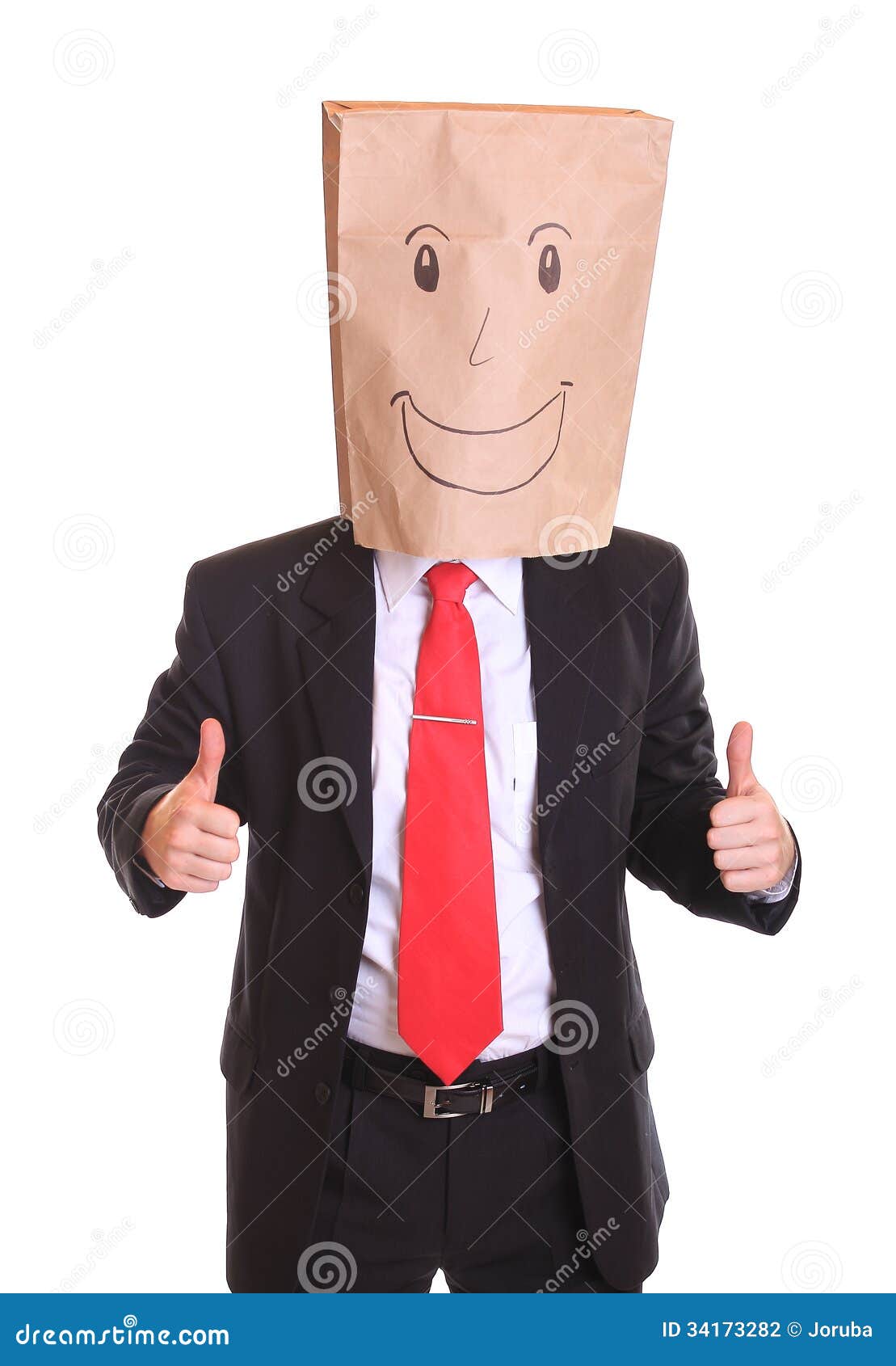 Geschaftsmann Mit Einer Papiertute Mit Lacheln Auf Dem Kopf Der Okayzeichen Zeigt Stockfoto Bild Von Zeigt Okayzeichen