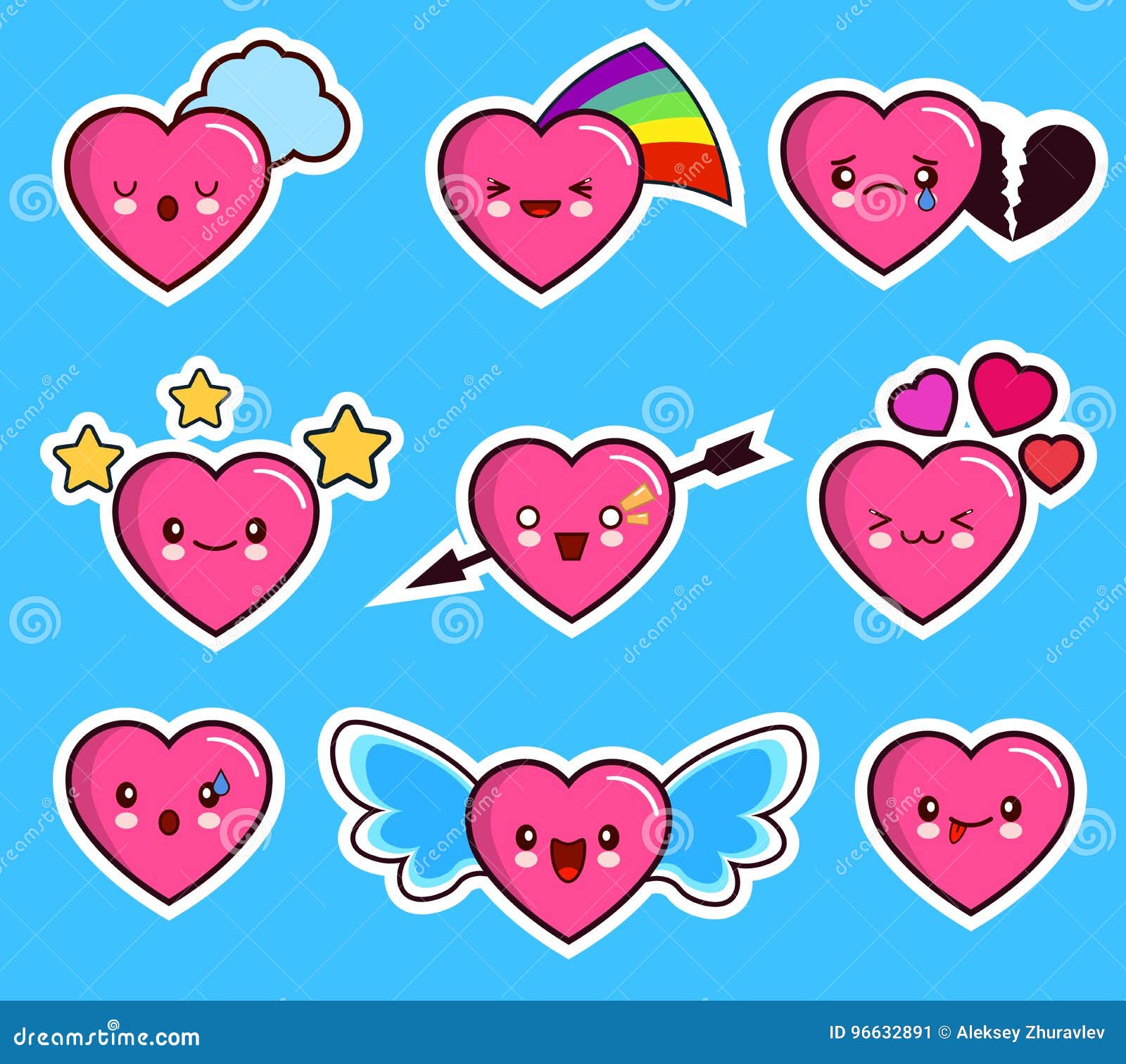 Gesetzter Tag des Valentinsgrußes s der lustigen Herz Emoticonikone Kawaii Flache Designvektorillustration