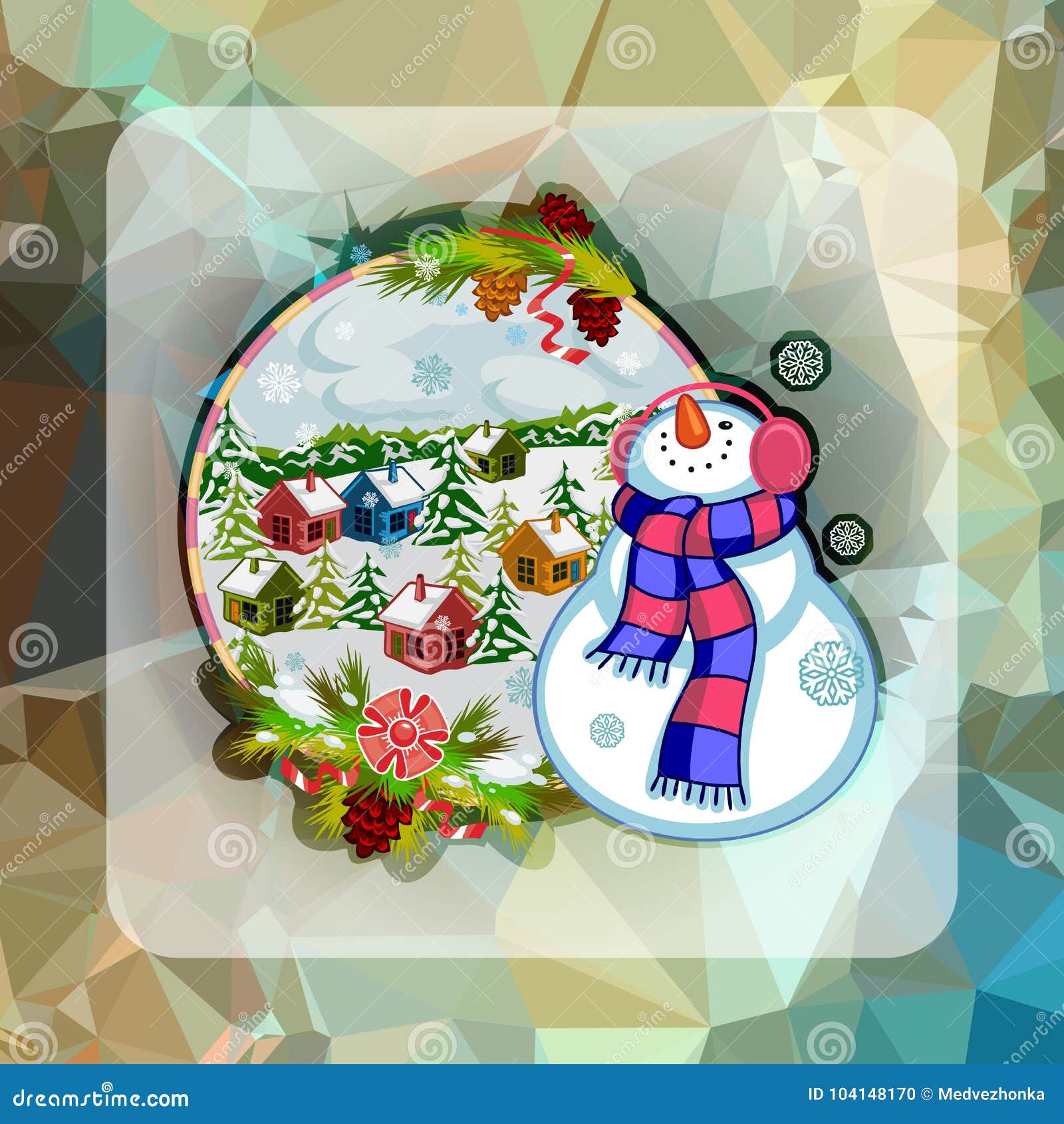 Gestalten Quadratische Karte Des Feiertags Weihnachtsmit Lustigem Schneemann Und Winterdorf Auf Einem Bunten Mosaikhintergrund L Vektor Abbildung Illustration Von Schneemann Lustigem