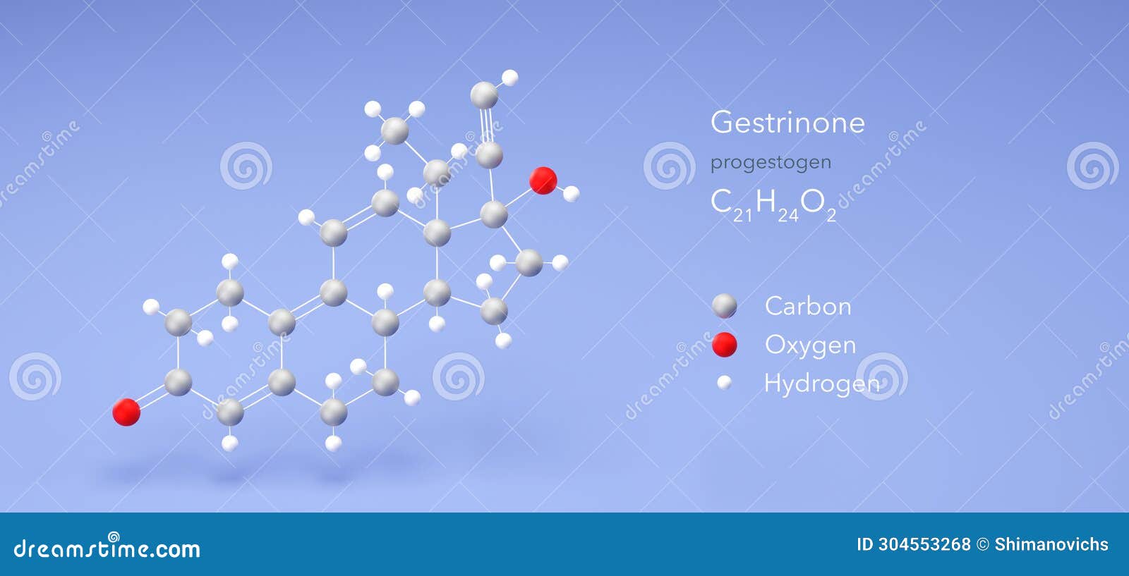gestrinone molecule, molecular structures, contraceptive drug, 3d model, structural chemical formula and atoms with color coding