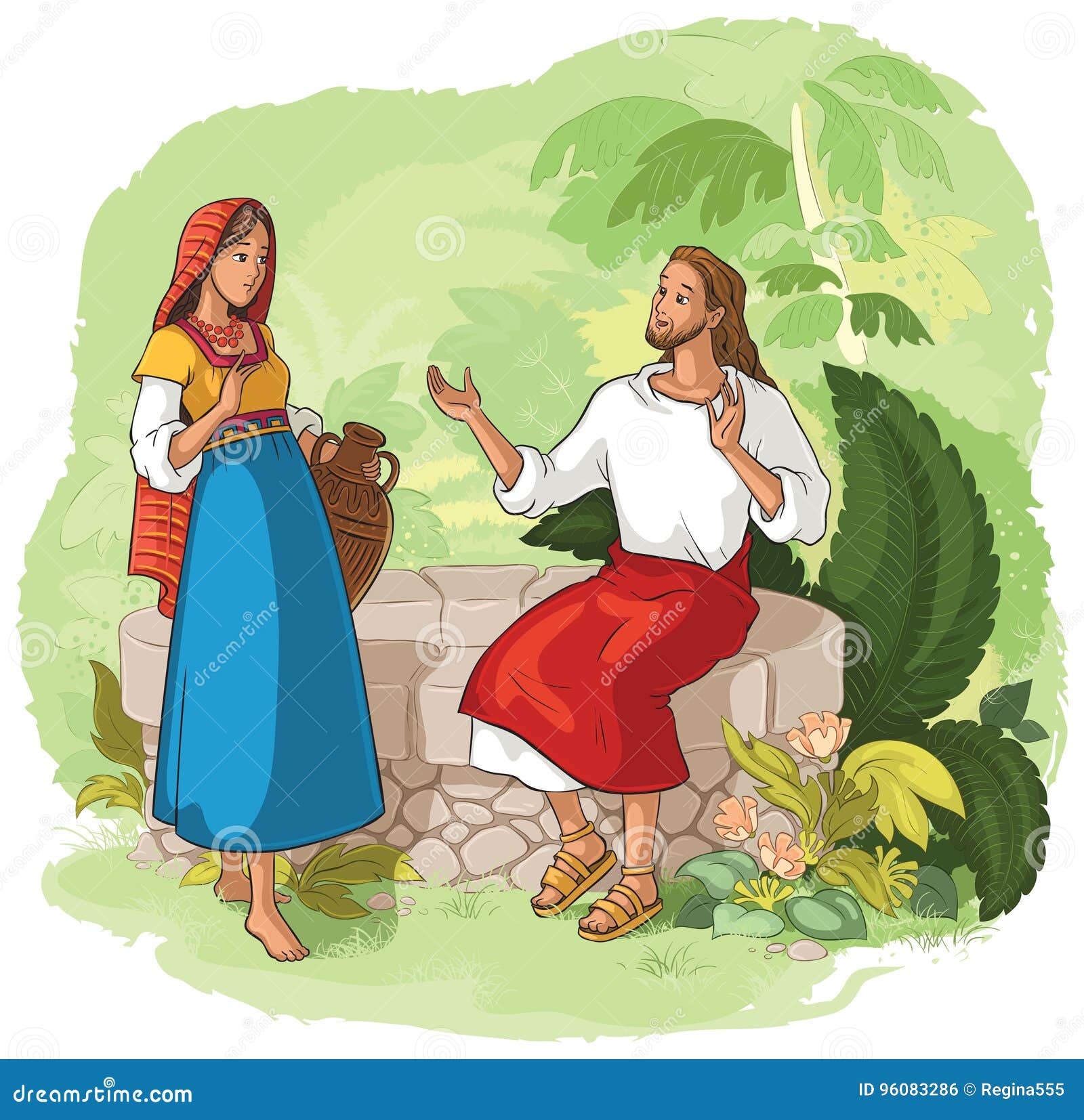 La Città Della Donna Che Dissetò Gesù Al Pozzo Gesù E La Donna Del Samaritano Al Pozzo Illustrazione Vettoriale