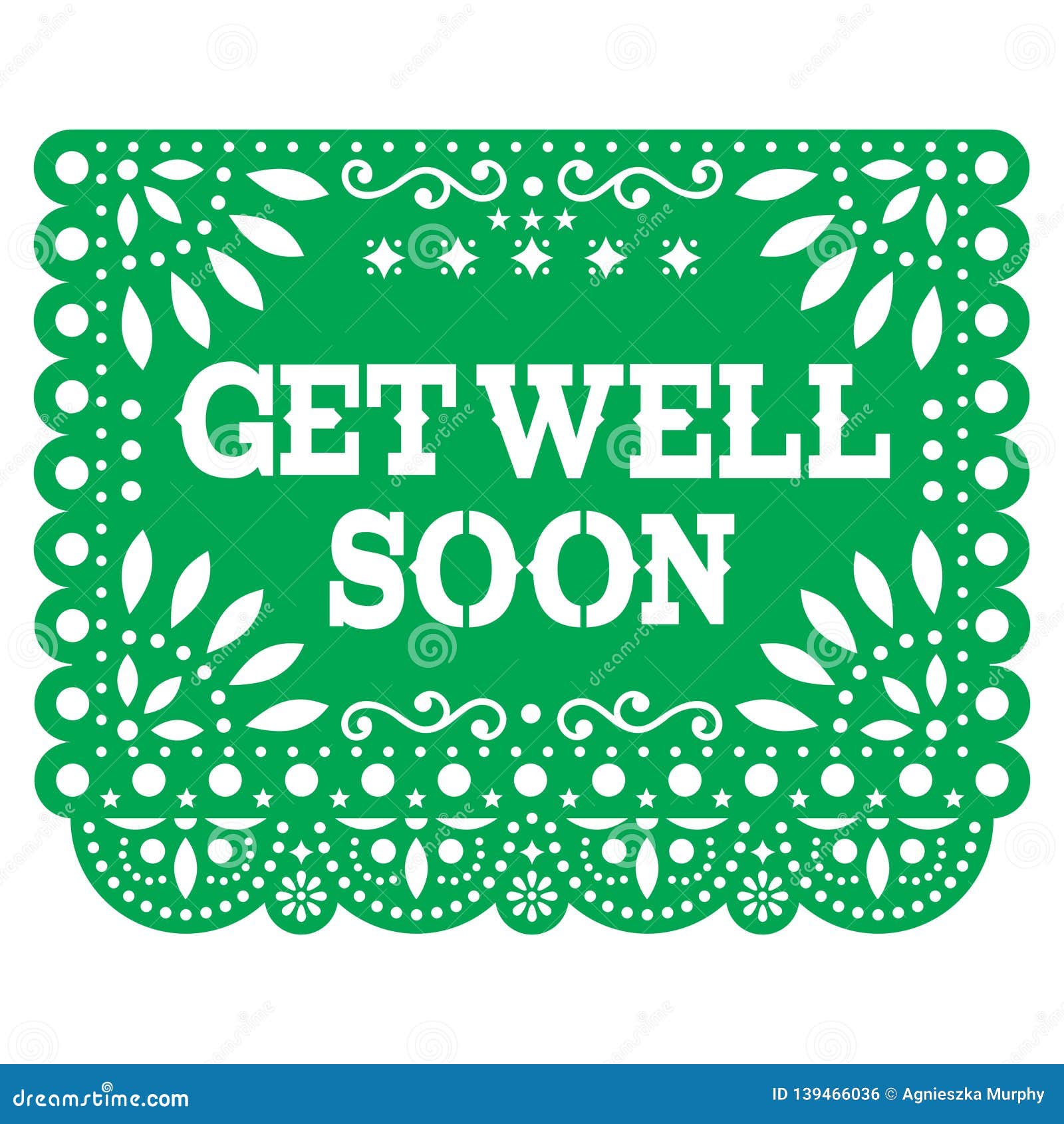 get well soon papel picado greeting card or postcard - mexican green   styled as paper cutout decorations