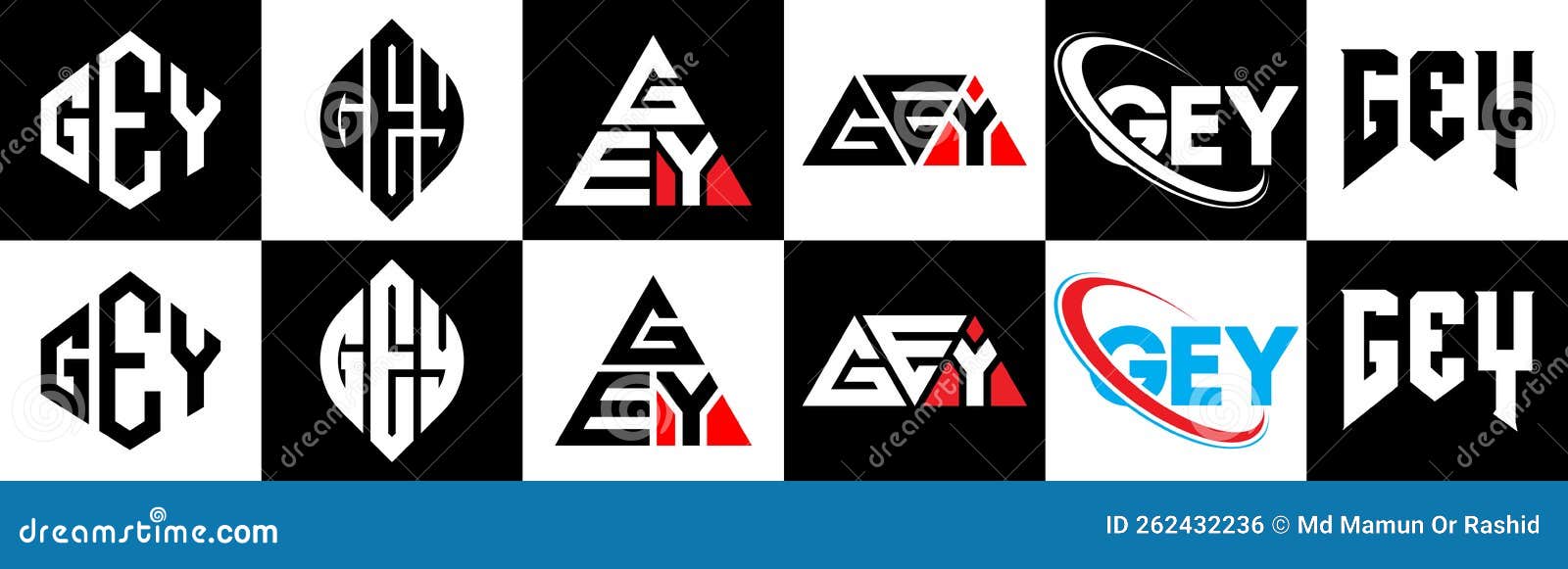 gey letter logo  in six style. gey polygon, circle, triangle, hexagon, flat and simple style with black and white color