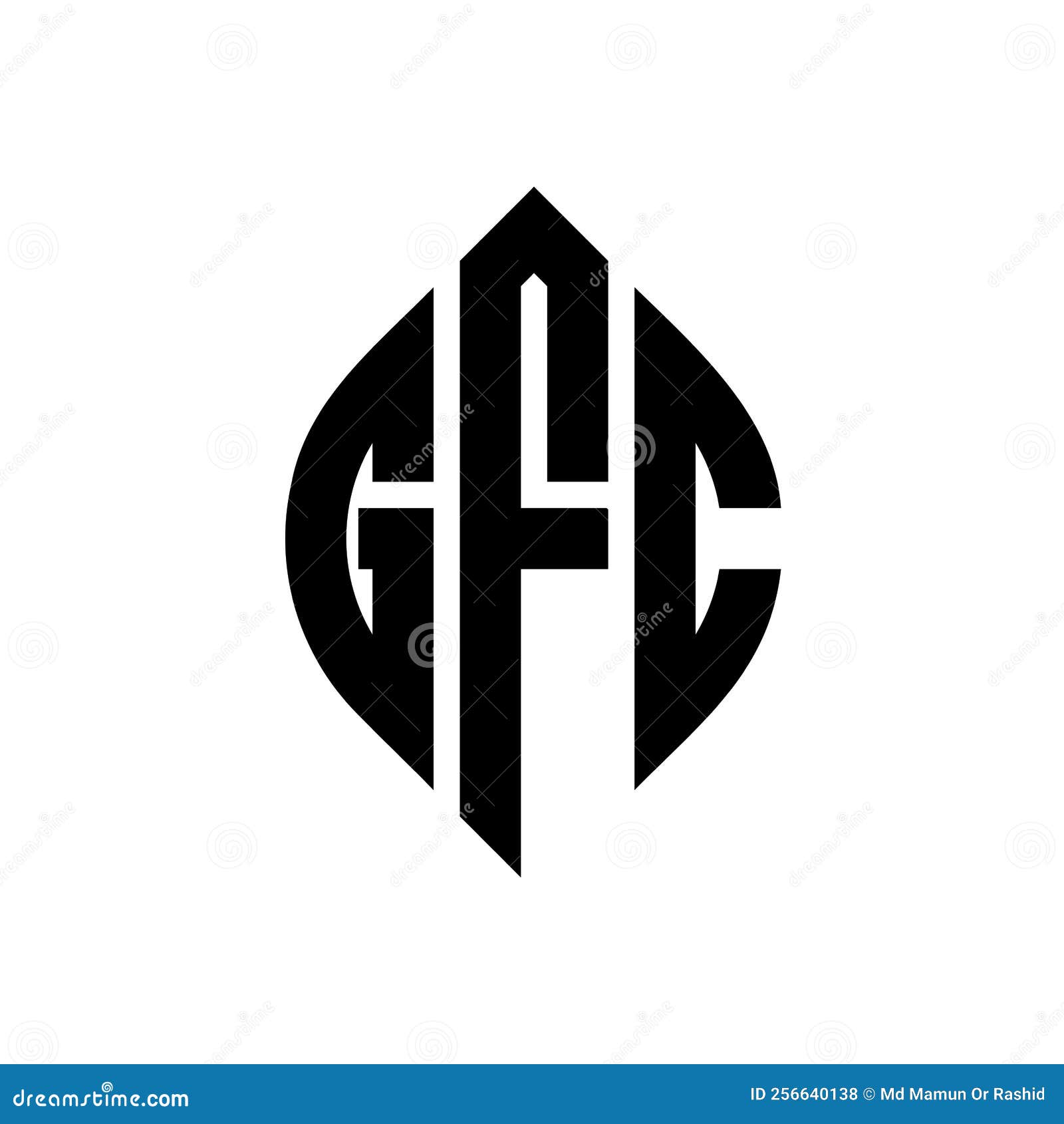 gfc circle letter logo  with circle and ellipse . gfc ellipse letters with typographic style. the three initials form a
