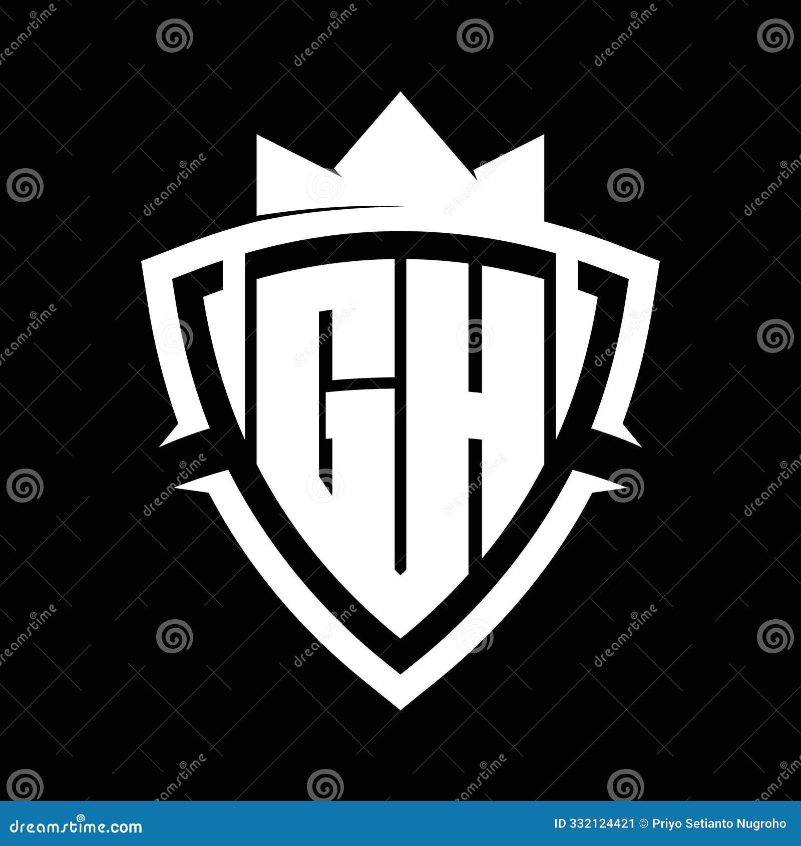 gh letter monogram with triangle curve shield  with crown white and black background color 