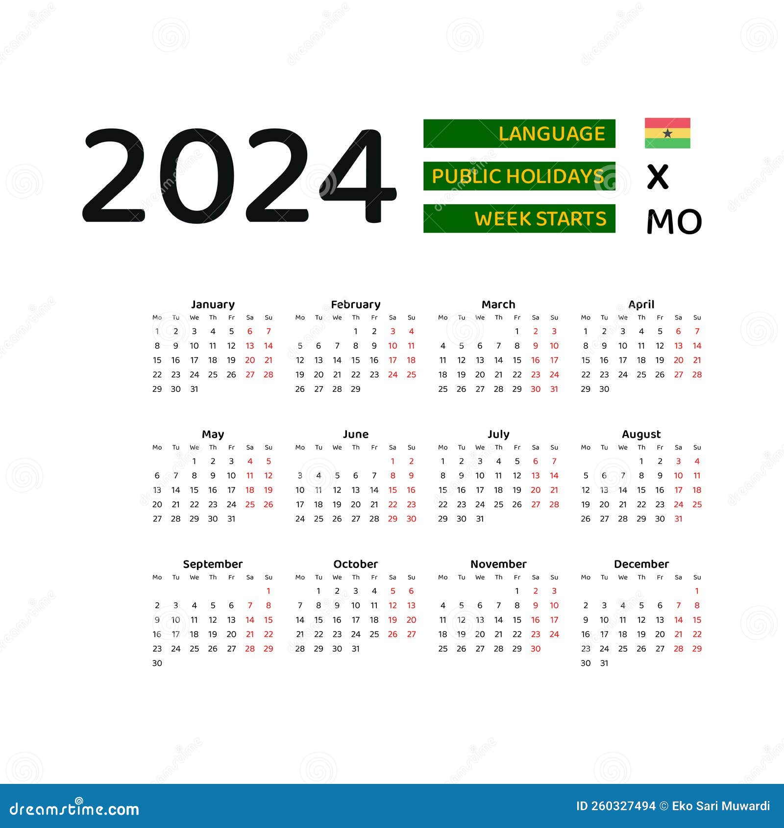 Ghana Calendar 2024. Week Starts from Monday. Vector Graphic Design