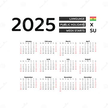 Ghana Calendar 2025. Week Starts from Sunday. Vector Graphic Design Stock Illustration 