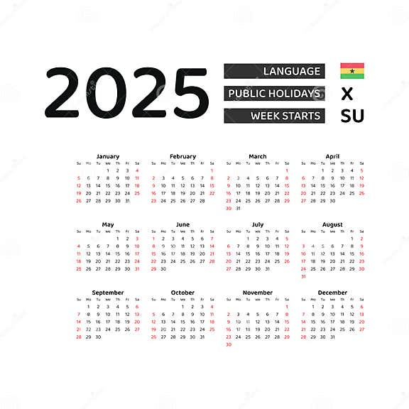 Ghana Calendar 2025. Week Starts from Sunday. Vector Graphic Design