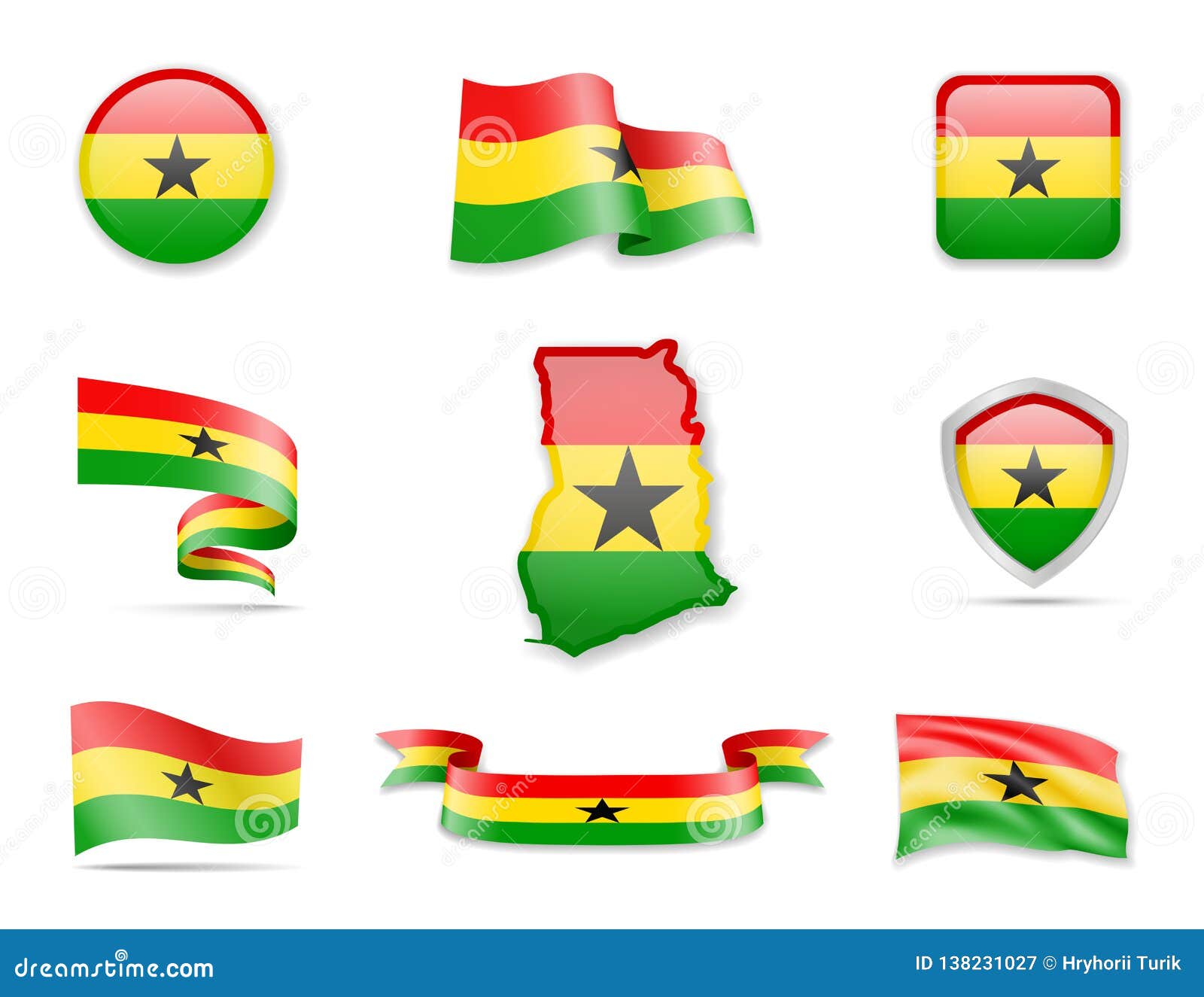 Ghana Flags Collection. Vector Illustration Set Flags and Outline of