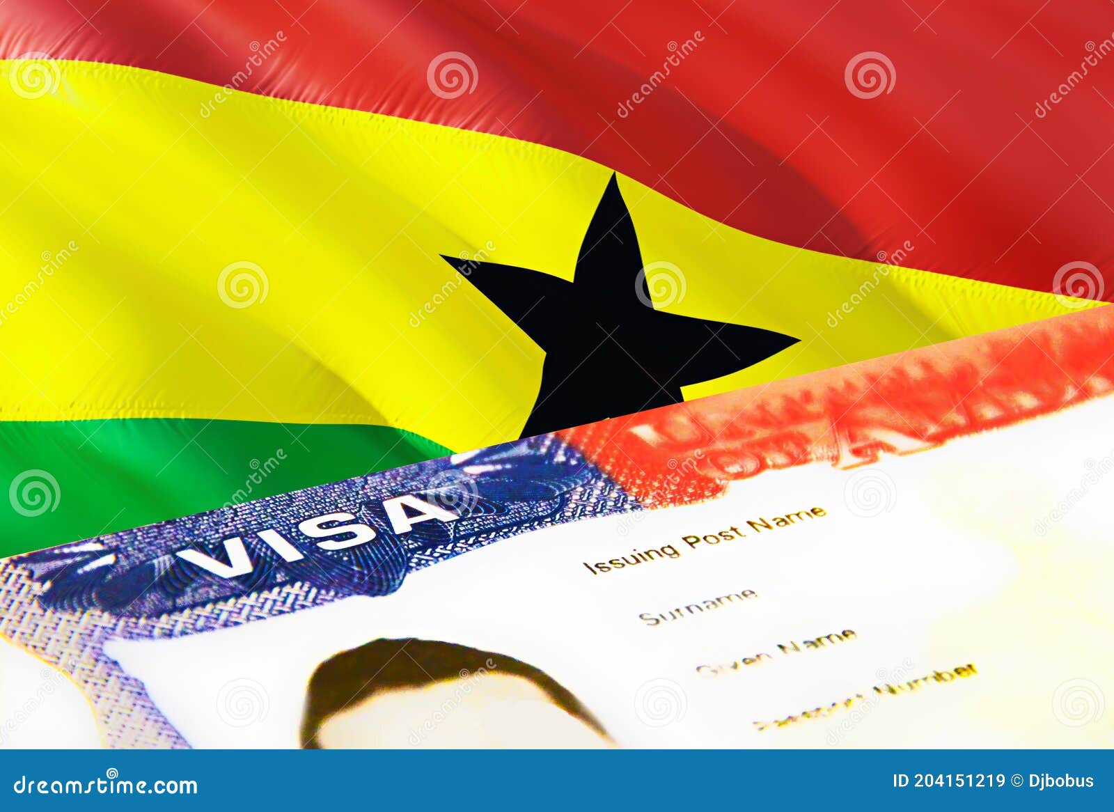 Ghana Immigration Document Close Up Passport Visa On Ghana Flag Ghana