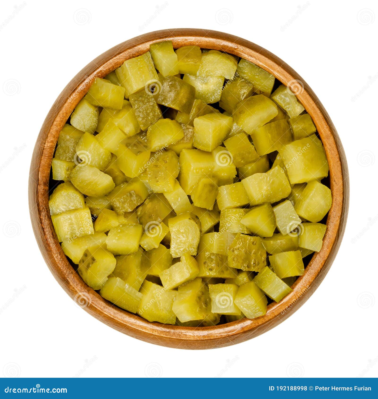 Pickled Cucumber, Diced, Also Known As Pickle or Gherkin, in Wooden
