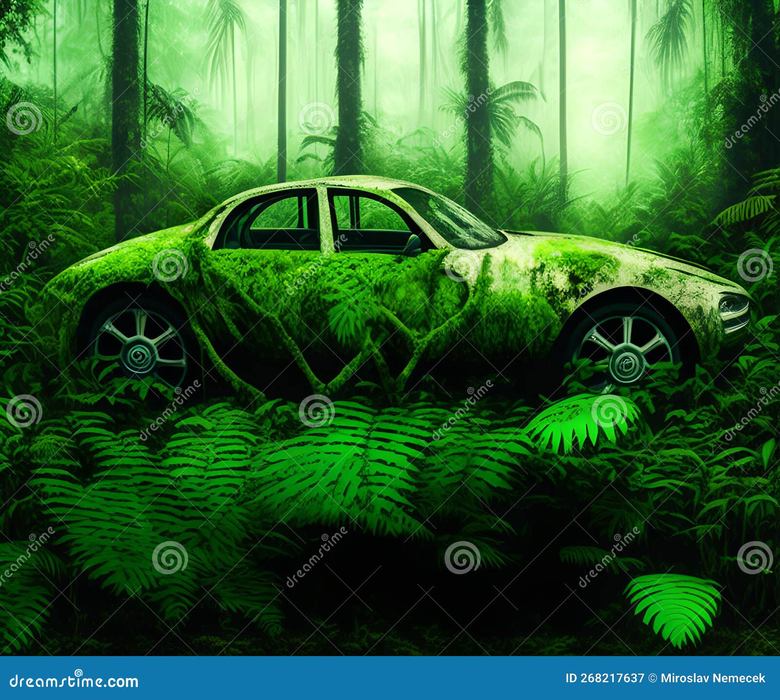 Ghost Car Lost in Jungle, Generative AI Illustration Stock Illustration