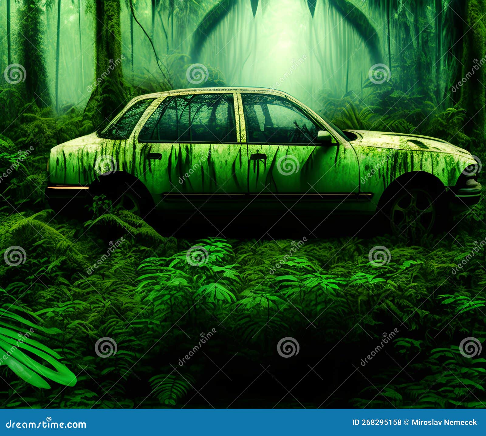 Ghost Car Lost in Jungle, Generative AI Illustration Stock Illustration