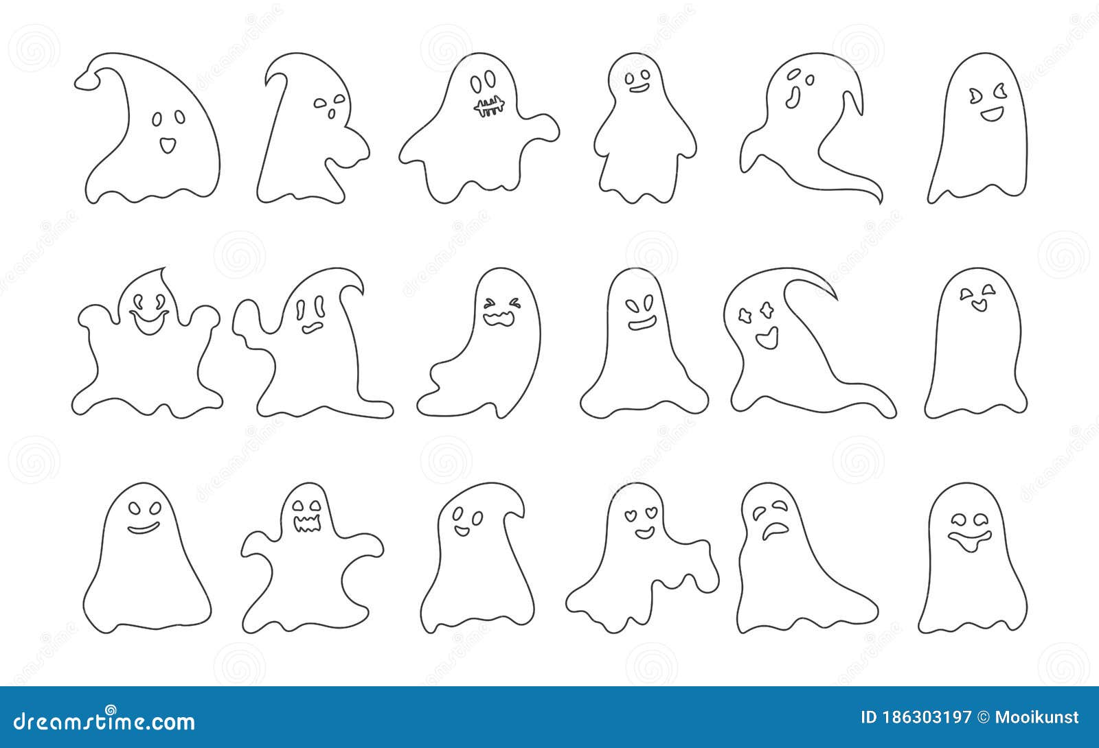 Ghost Black Outline Halloween Cute Evil Vector Set Stock Vector