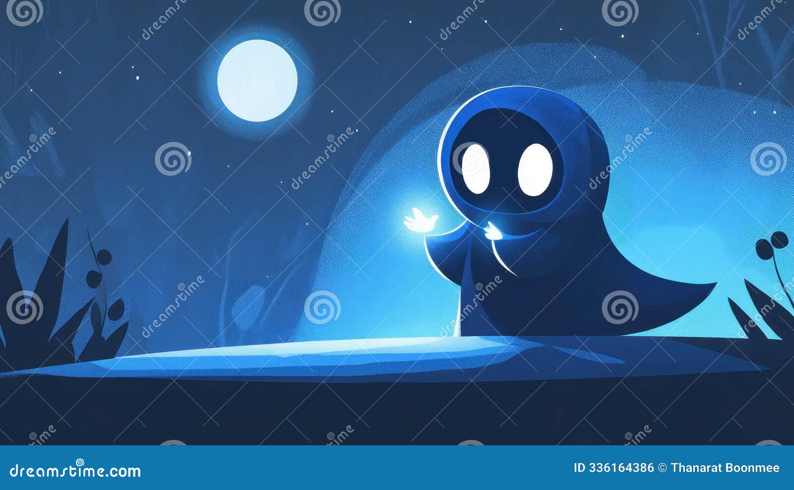 a ghostly figure in a blue hood emanates soft light, captivating under the serene glow of moonlight in a charming d 