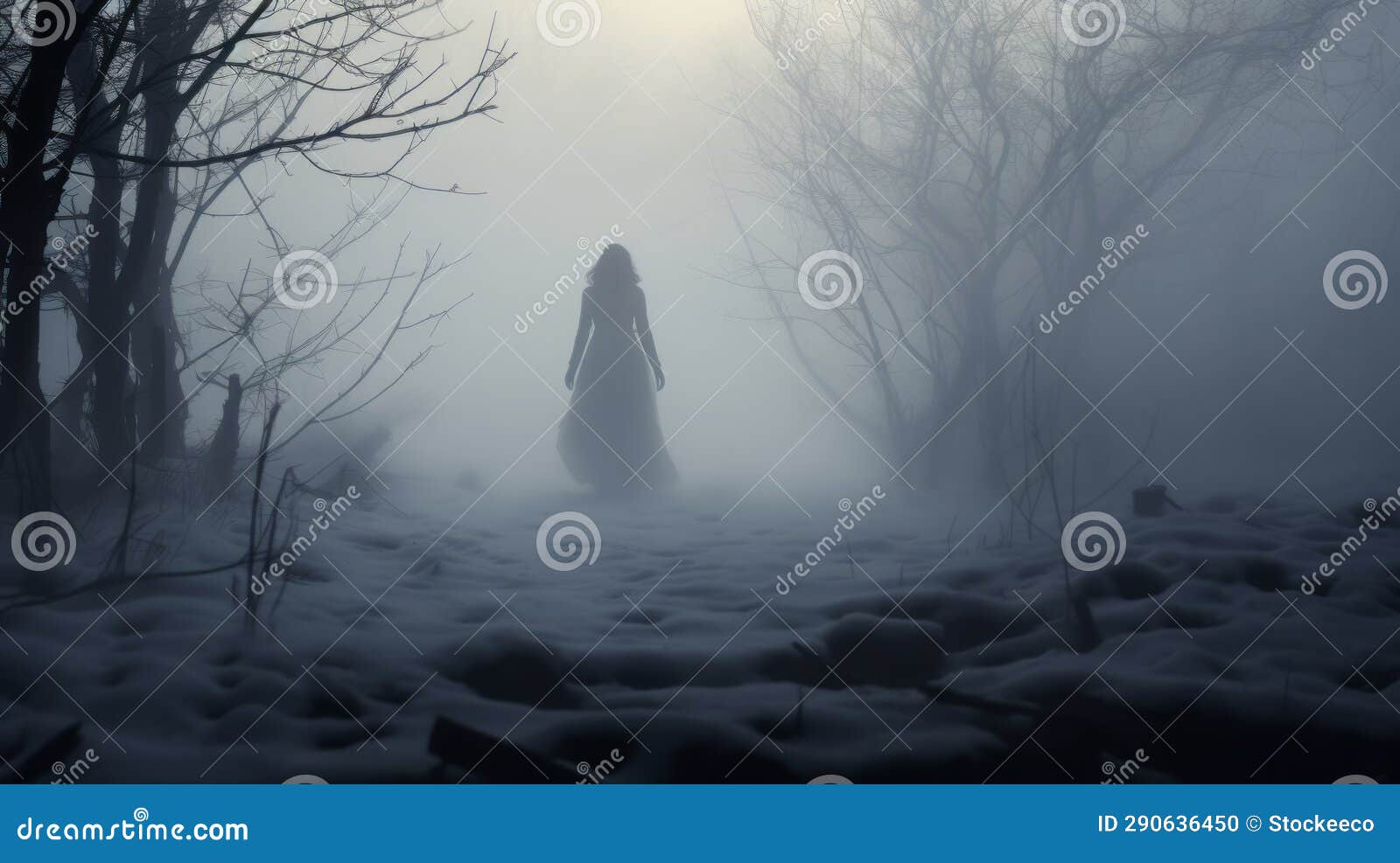 ethereal horror: woman's silhouette emerging from snowy forest
