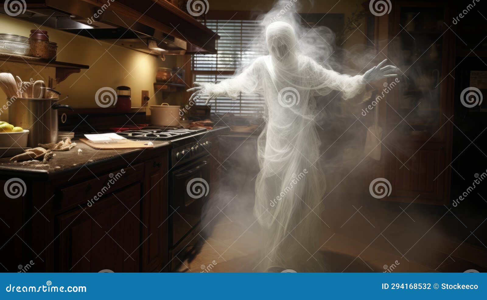 creepy genie ghost in kitchen: ultra realistic photo