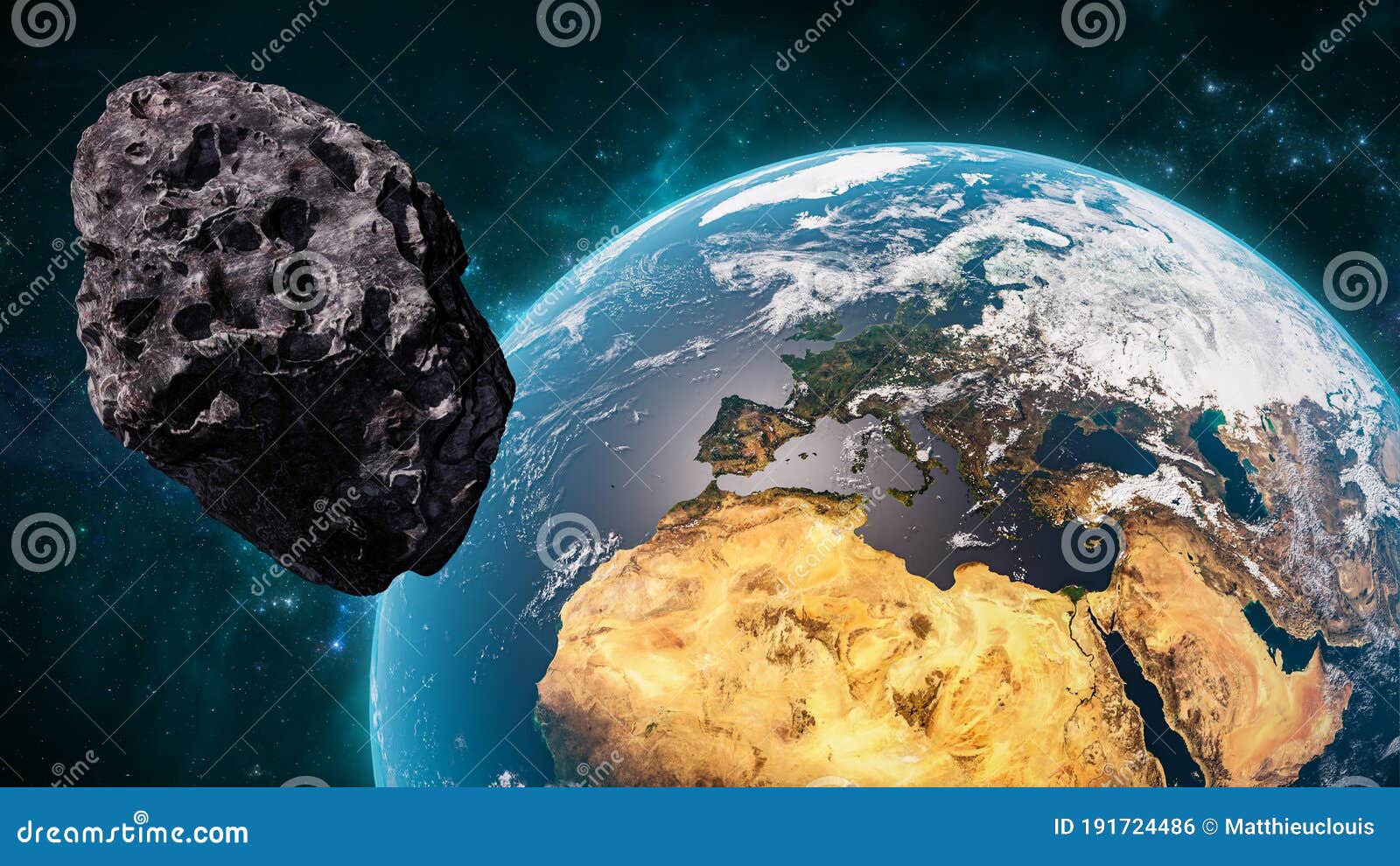 giant asteroid cruising near planet earth scenery or spacescape. outer space landscape and astronomy 3d rendering .