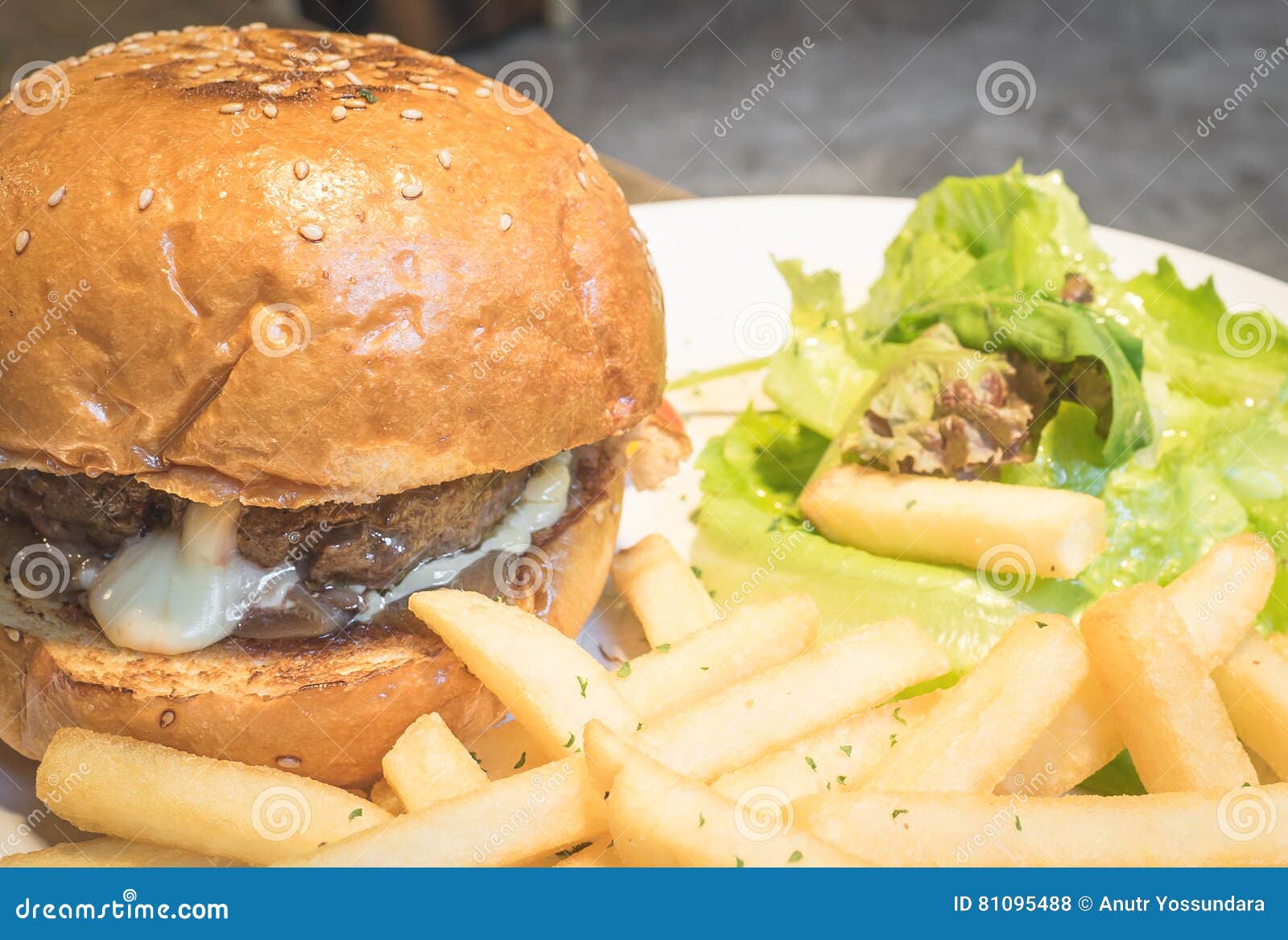 Giant Beef Cheese Burger with Fries Stock Photo Image of juicy