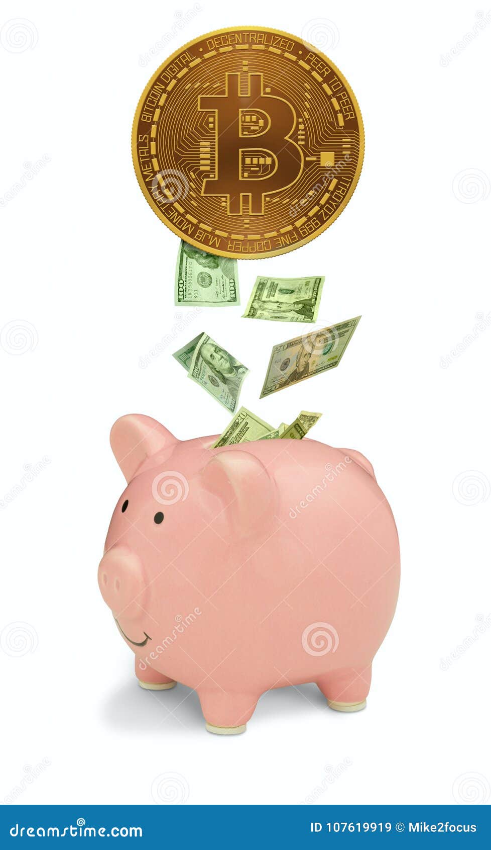 Giant Bitcoin Dumping Money Into Happy Pink Piggy Bank Stock Image - 
