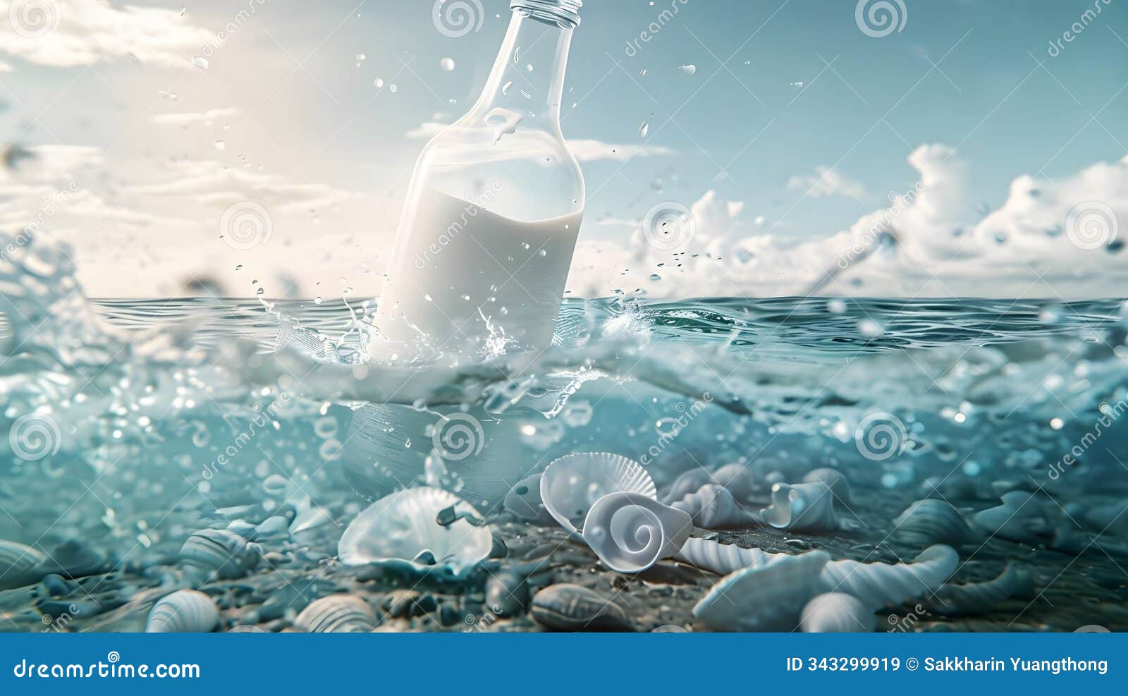 giant bottle of milk spilling into ocean waves generative ai