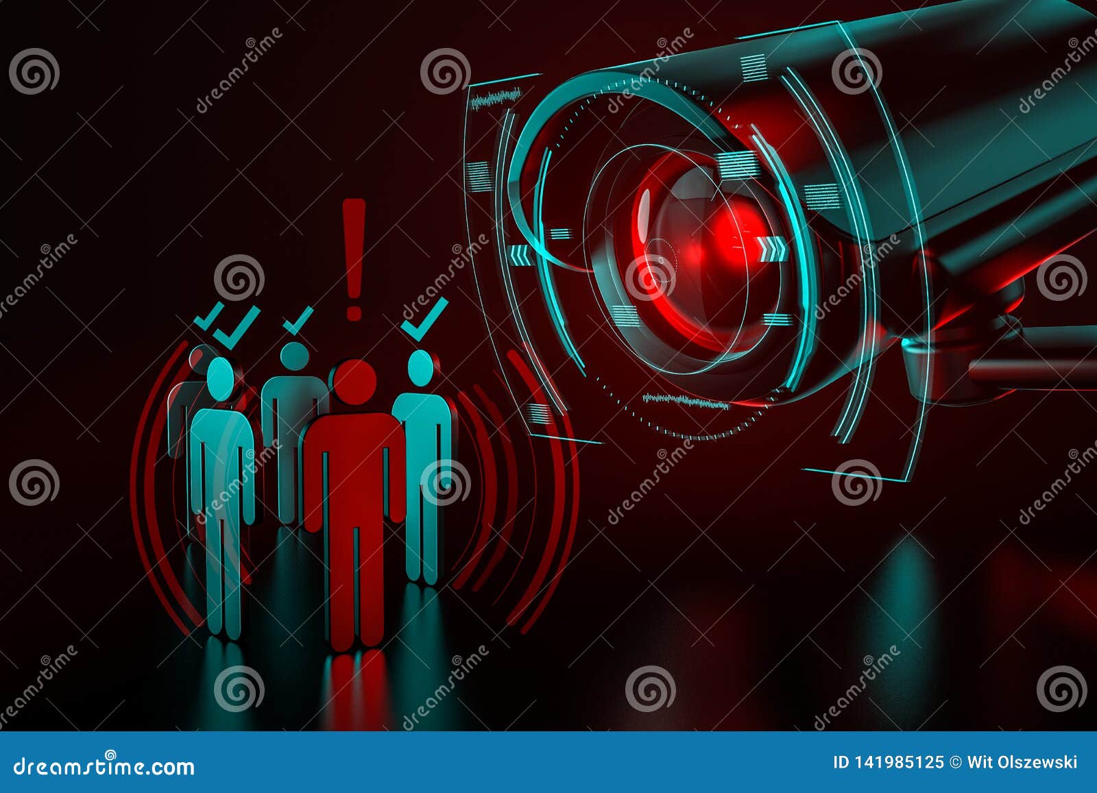 giant camera checkes group of people as a metaphor of ai-driven artificial intelligence surveillance system taking control over