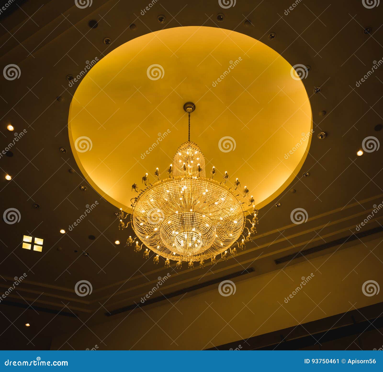 Giant Chandelier with Glowing Yellow Circle Ceiling Same As the Moon
