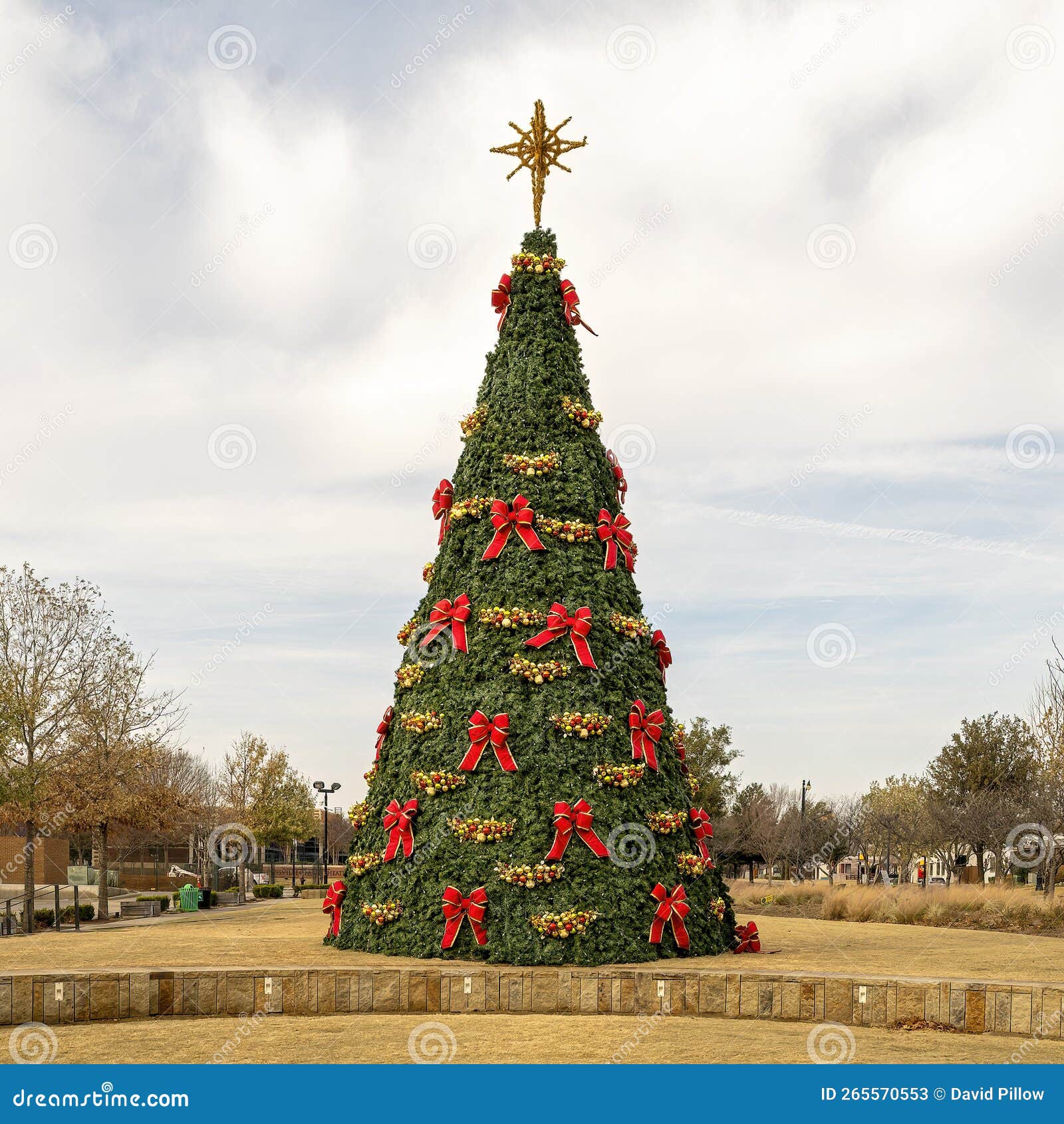 giant christmas tree in wayne ferguson plaza in the city of lewisville, texas.