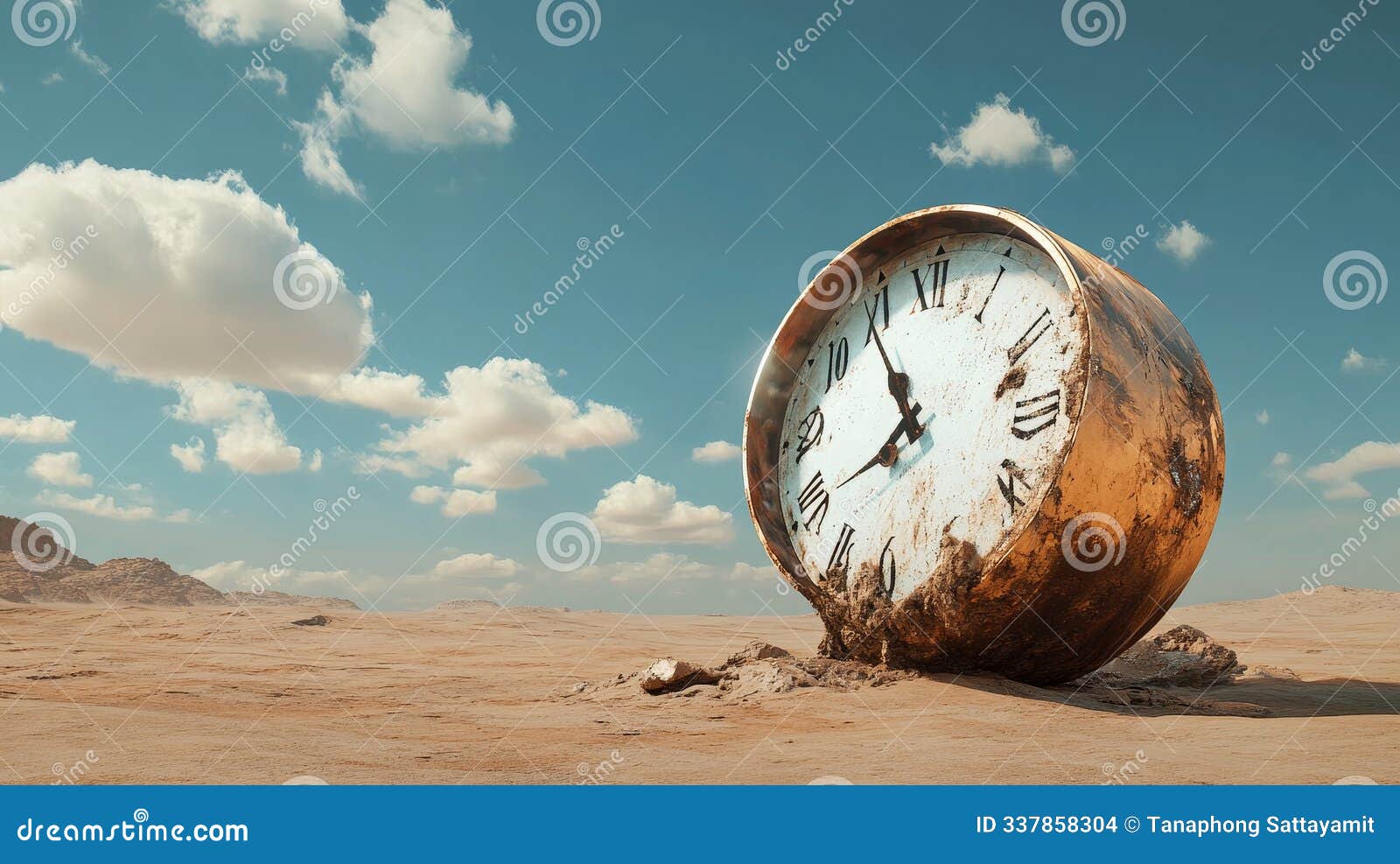 a giant clock melting and decaying in a desert landscape izes the passage of time the relentlessness of entropy and the