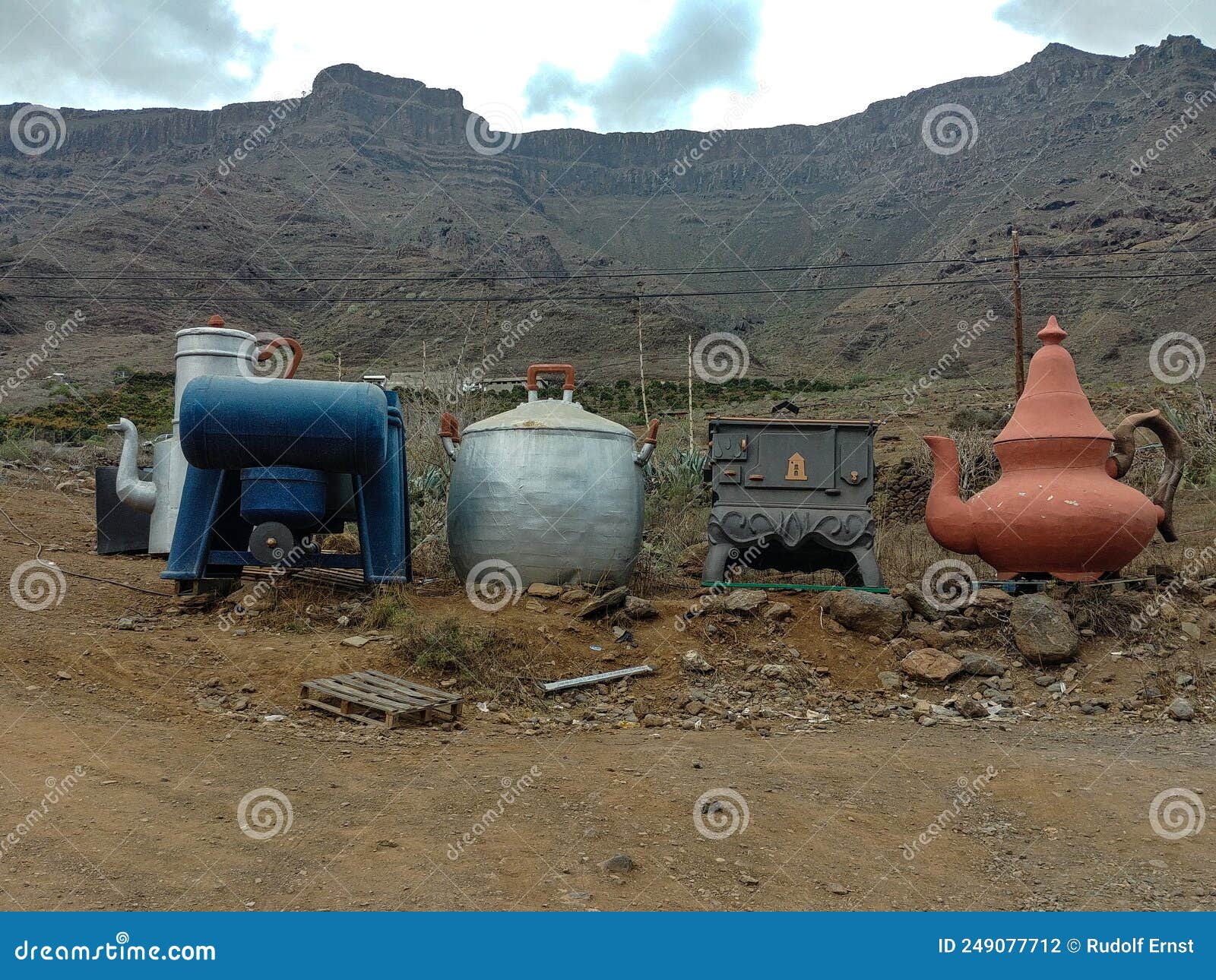 giant coffee machines at the old wind mill molino de viento near mogan, gran canaria island, spain