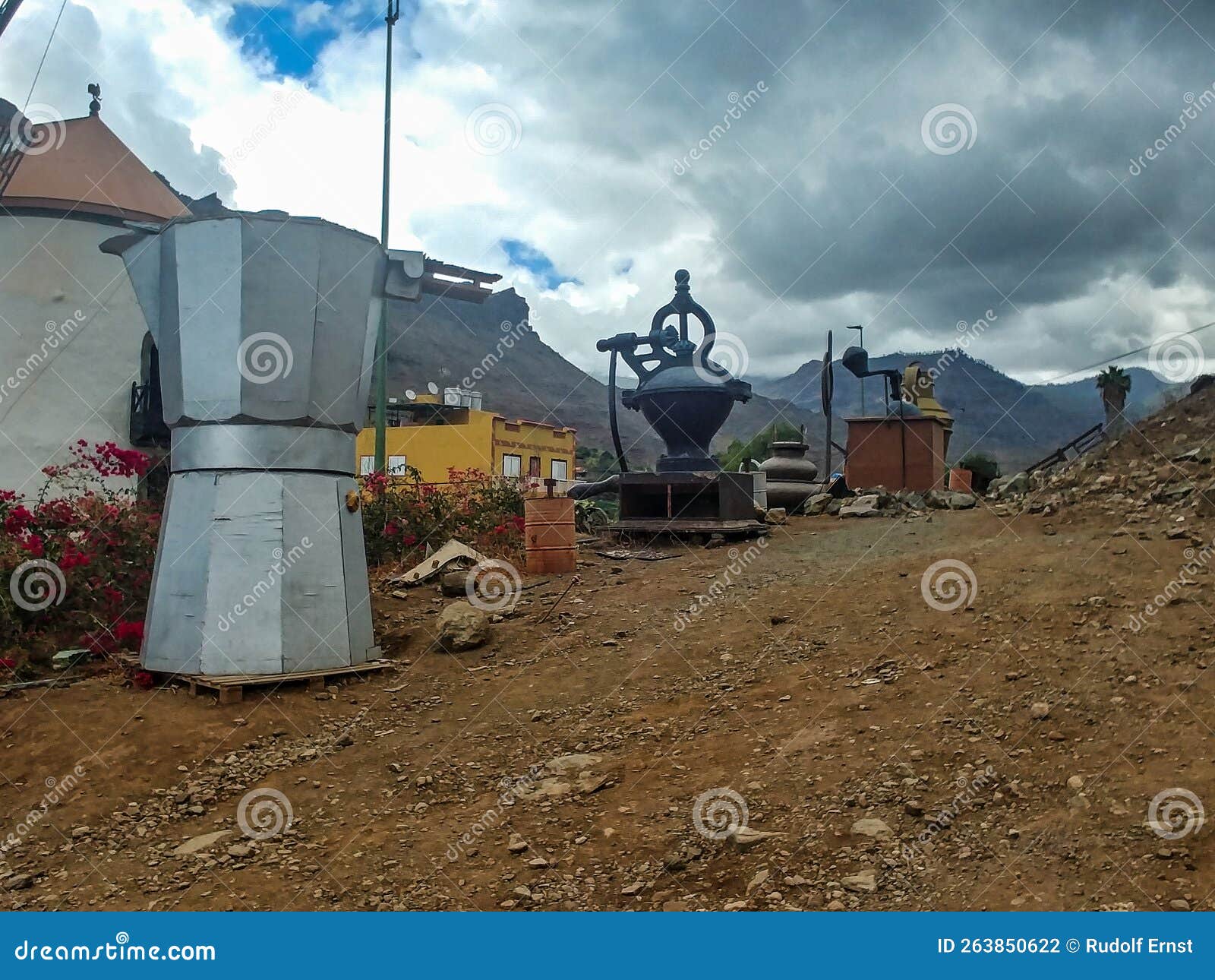 giant coffee machines at the old wind mill molino de viento near mogan, gran canaria island, spain