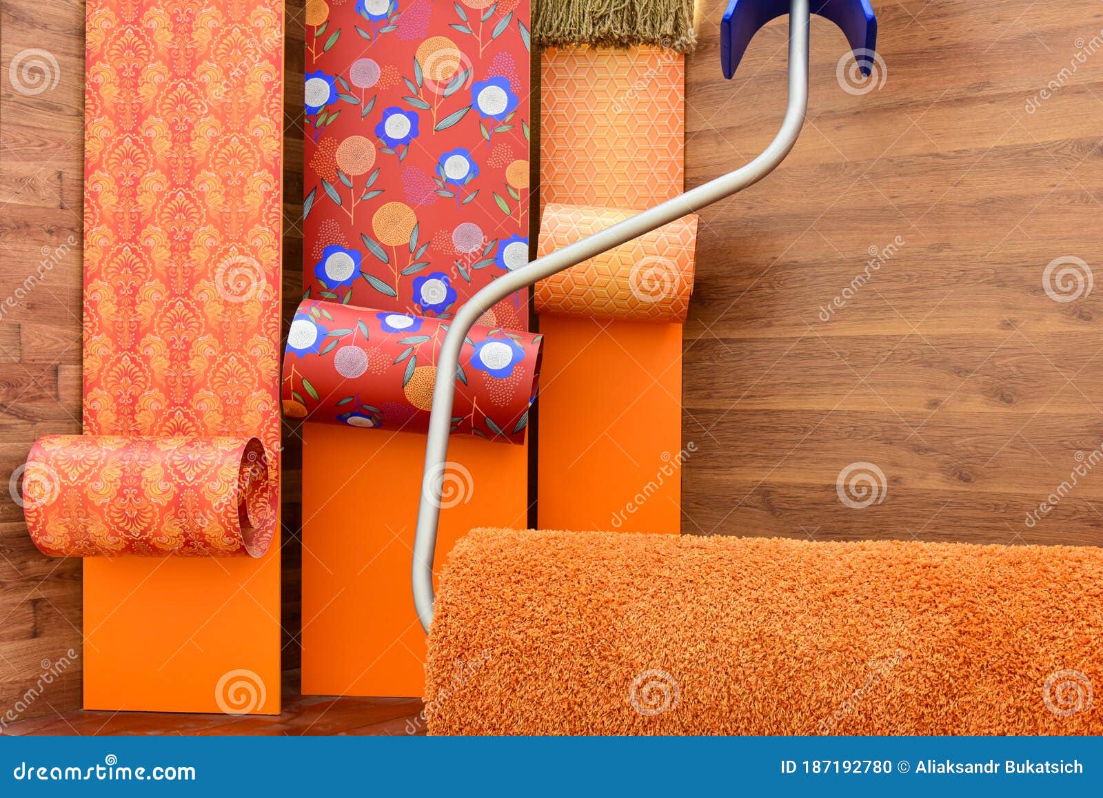 Giant Construction Roller on the Background of Wallpaper Stock Photo