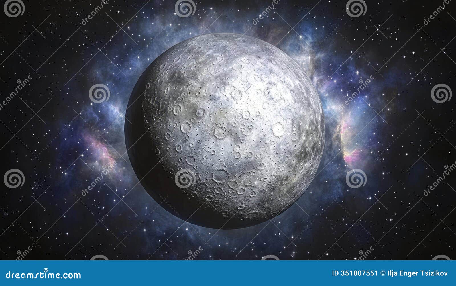 giant cratered moon, craters and surface of the global natural satellite rotating in outer space
