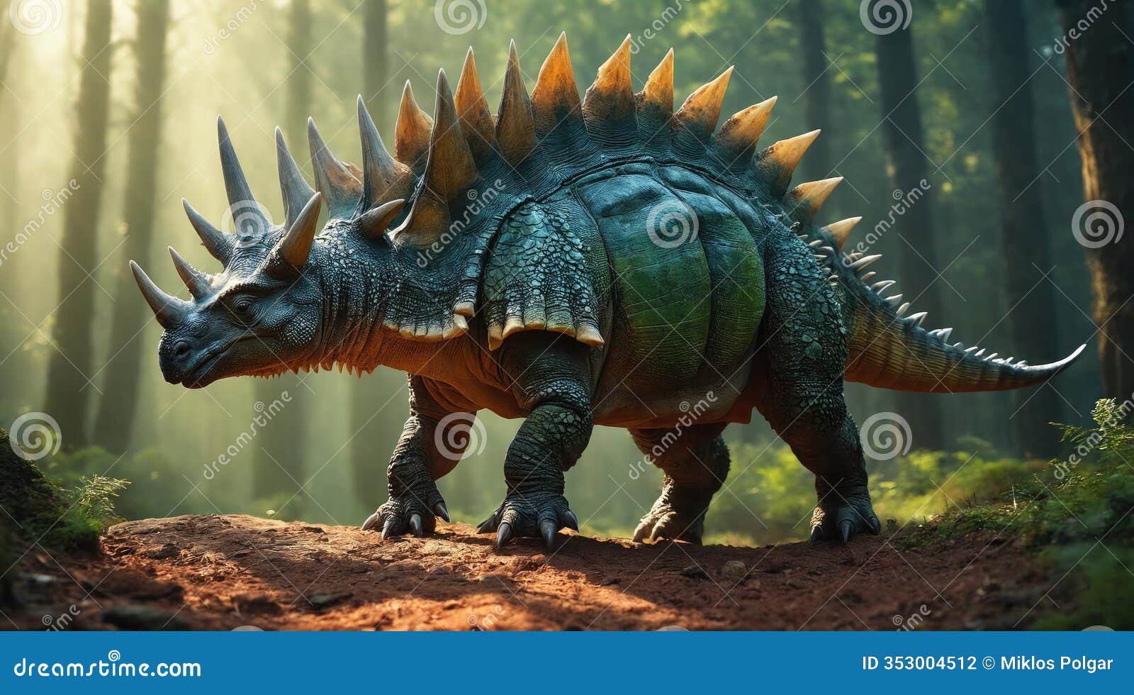 giant dinosaur-like creature walks through a dense forest with tall trees and sunlight filtering through leaves