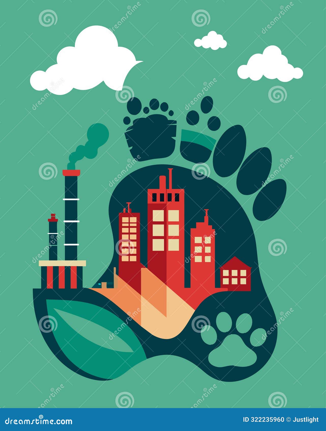a giant footprint made up of factory smokestacks and landfills izing the impact of industrial pollution on the
