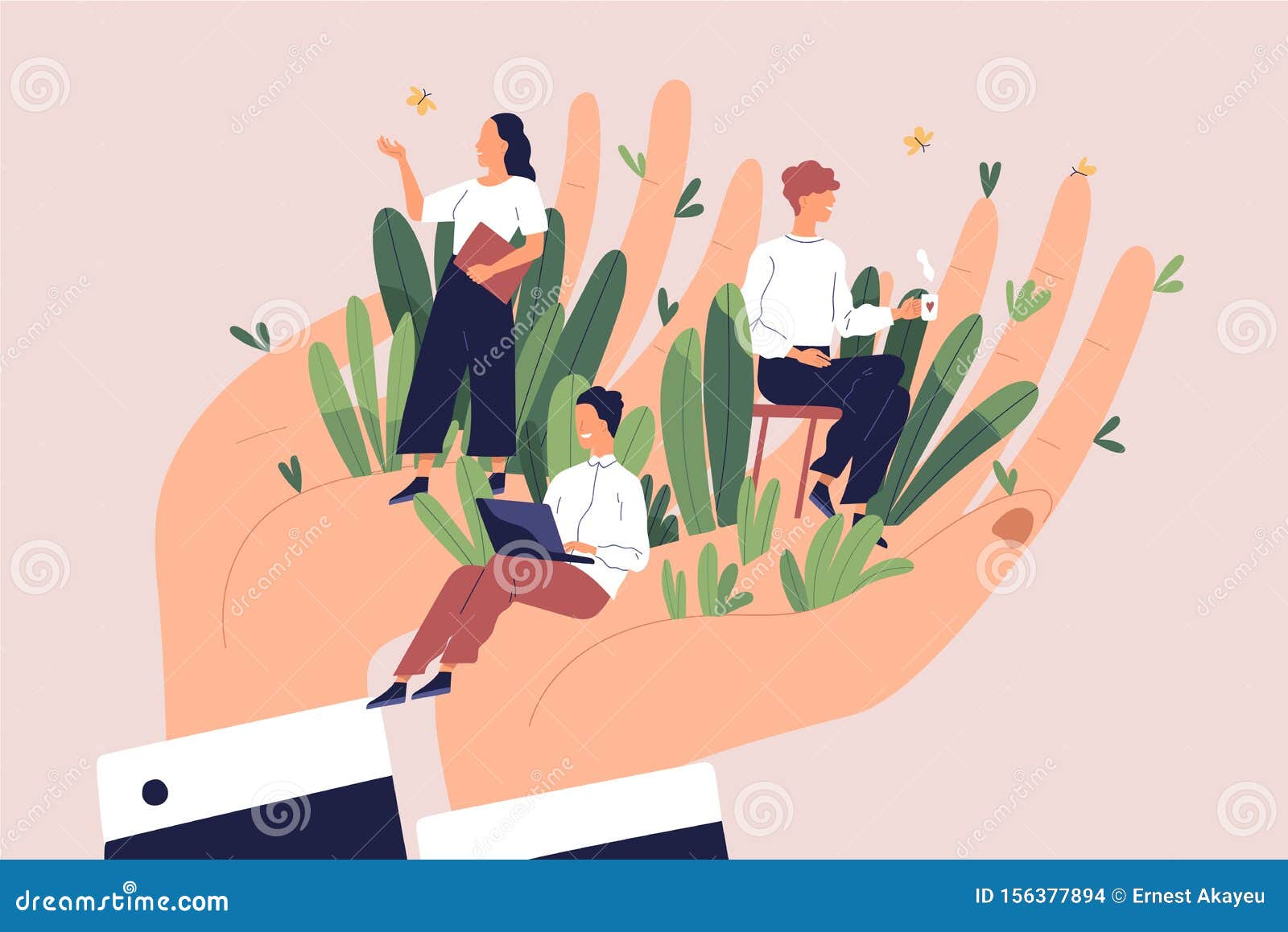giant hands holding tiny office workers. concept of employee care, wellbeing at work or workplace, perks and benefits