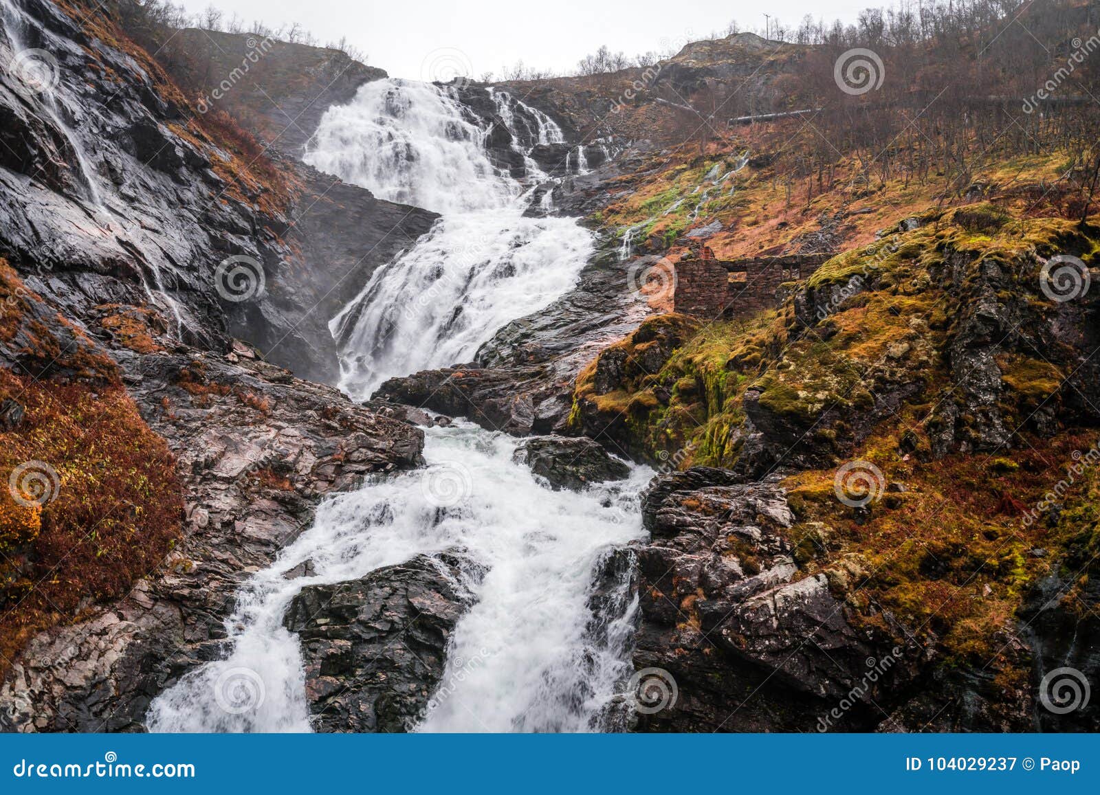 giant kjosfossen waterfall in autumn