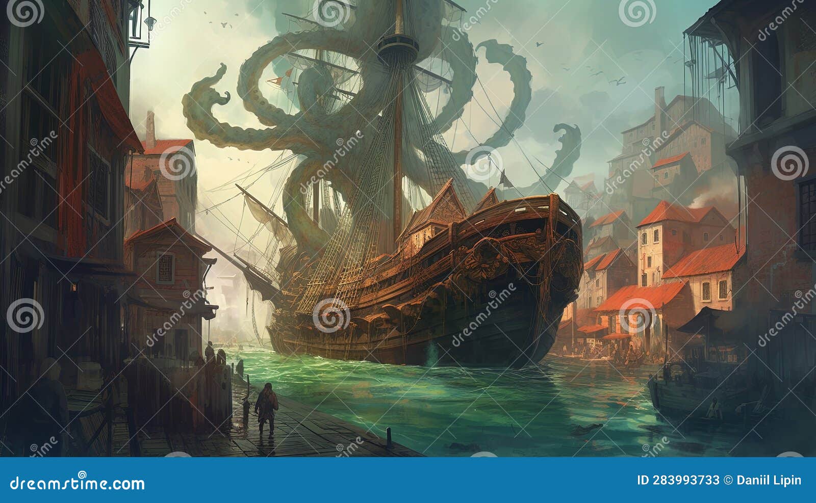 giant kraken attacking a port city. fantasy concept ,  painting
