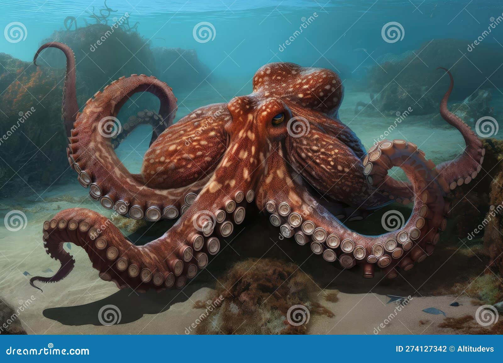 Giant Octopus, Spreading Its Tentacles and Attacking with Its Beak