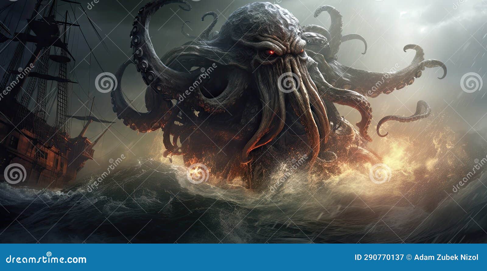 a giant octopus with tentacles coming out of water