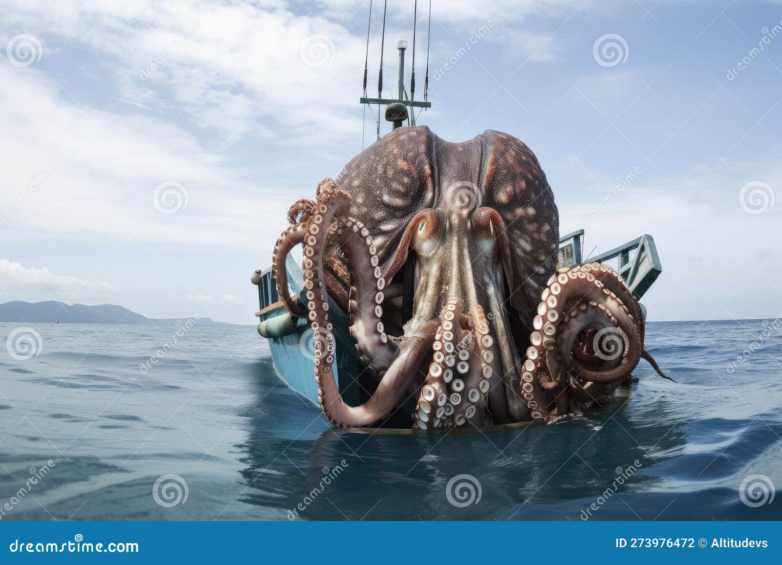 Giant Octopus Wrapping Its Tentacles Around Fishing Boat Stock