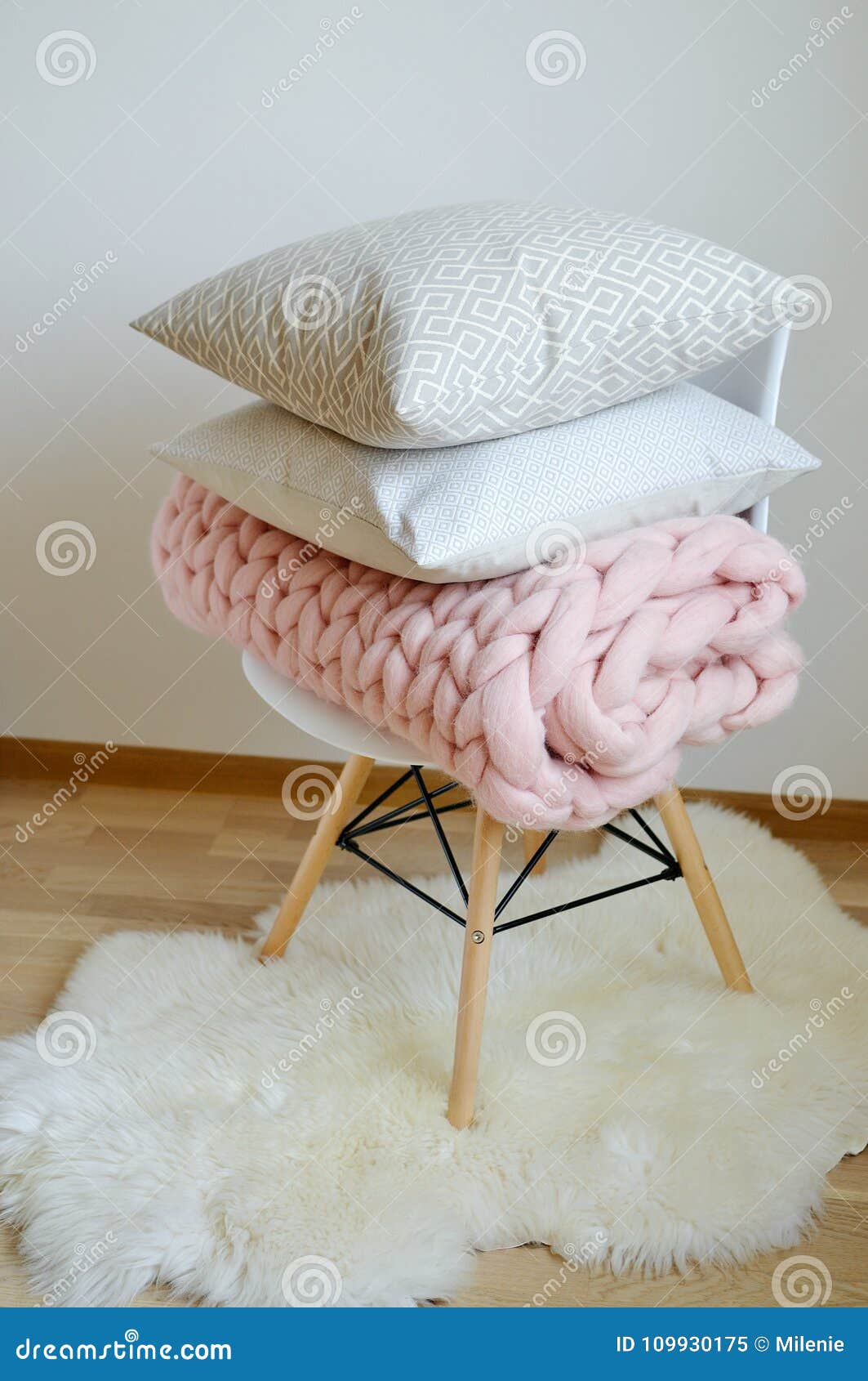 Giant Pink Blanket Woolen Knitted On White Wooden Stool Chair