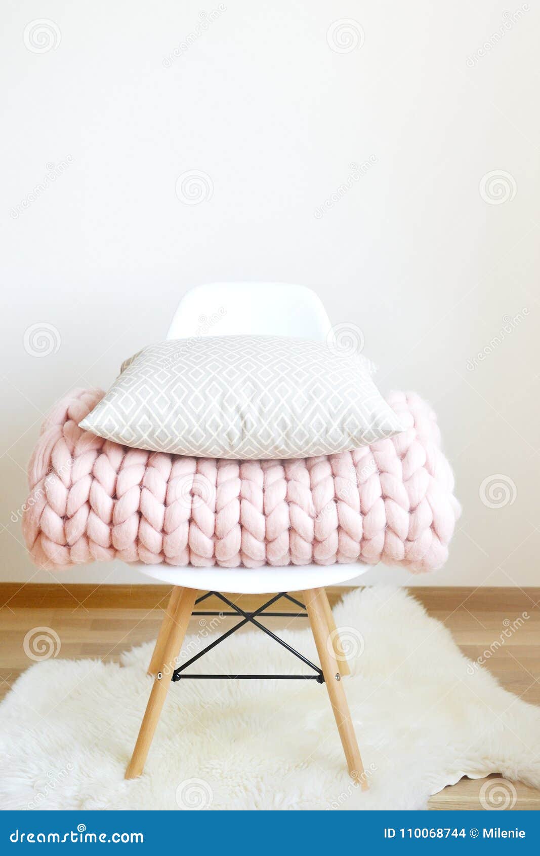 Giant Pink Plaid Blanket Woolen Knitted With Cushion On The Chair