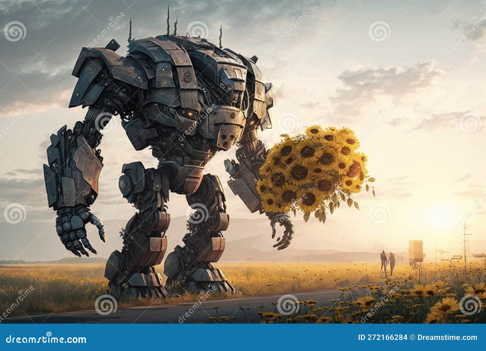 Giant Robot Holding a Bouquet of Flowers and Walking through a