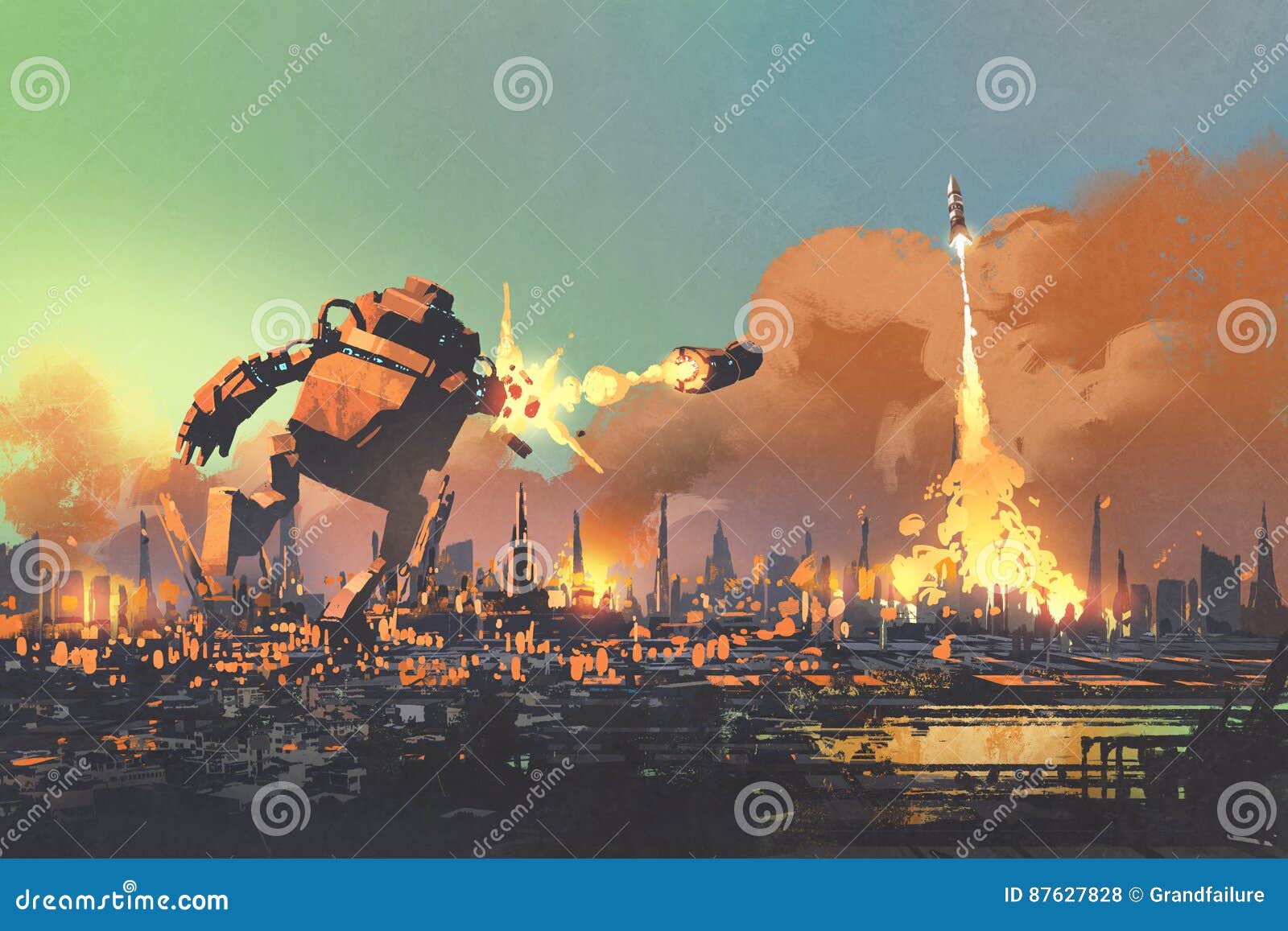 the giant robot launching rocket punch destroy the city
