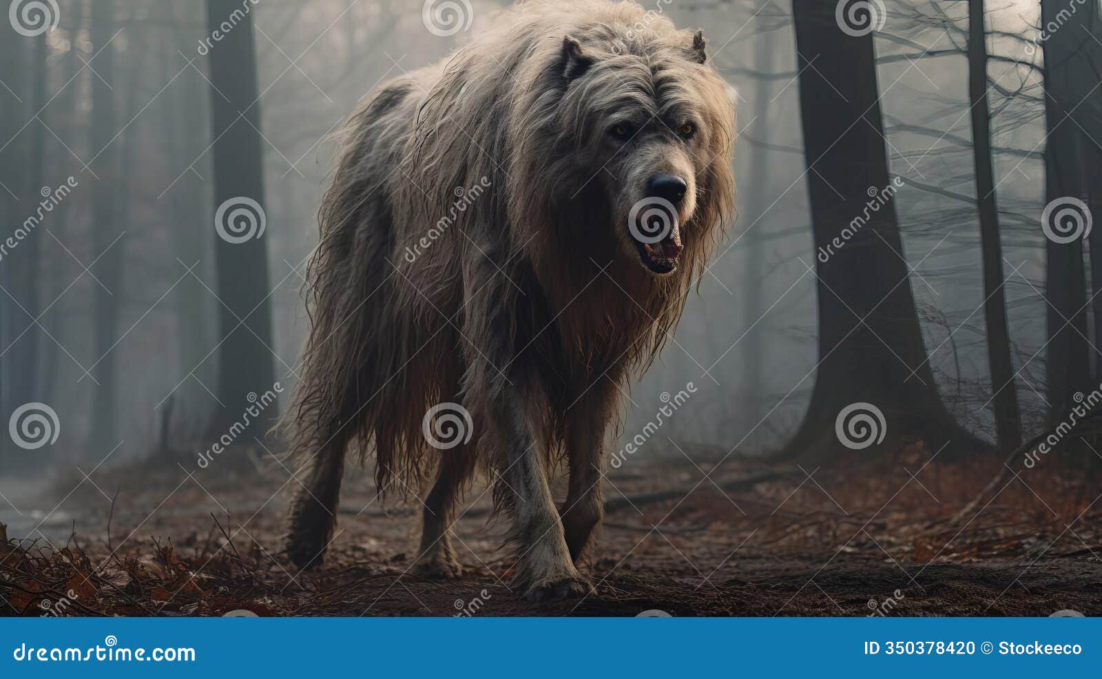 giant sabretooth dog with ugly eyes in foggy forrest