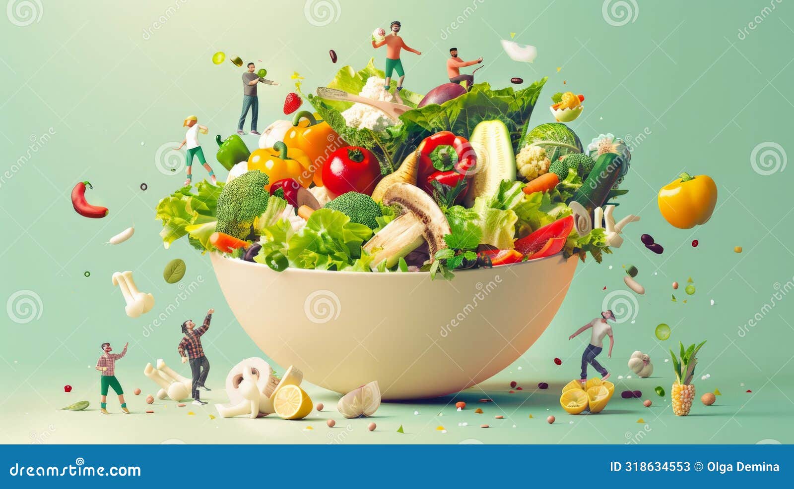 giant salad bowl with tiny people, healthy lifestyle promotion. nutritious eating habits.